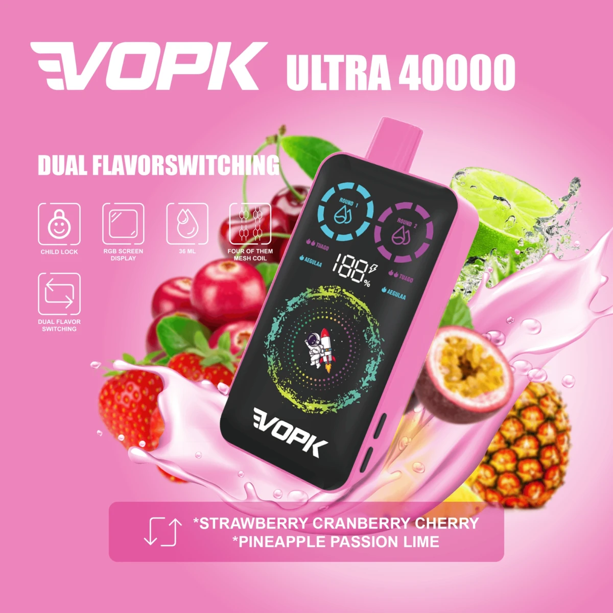 VOPK ULTRA 40000 Puffs Disposable Vape, Dual Flavor: Strawberry Cranberry Cherry Pineapple Passion Lime, RGB Screen Bulk