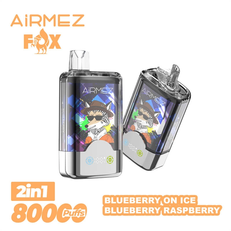 AIRMEZ FOX 2-in-1 8000 Disposable Vape, Blueberry On Ice Blueberry Raspberry, 8000 Puffs, Fox Design, Bulk Vape