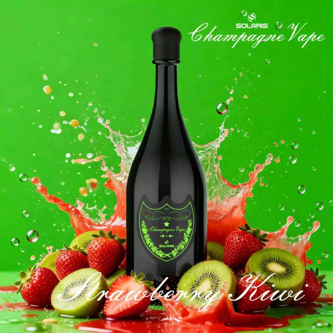 SOLARIS Champagne Vape Strawberry Kiwi disposable vape, black champagne bottle with green logo, surrounded by fresh strawberries and kiwi slices on green background with juice splash.