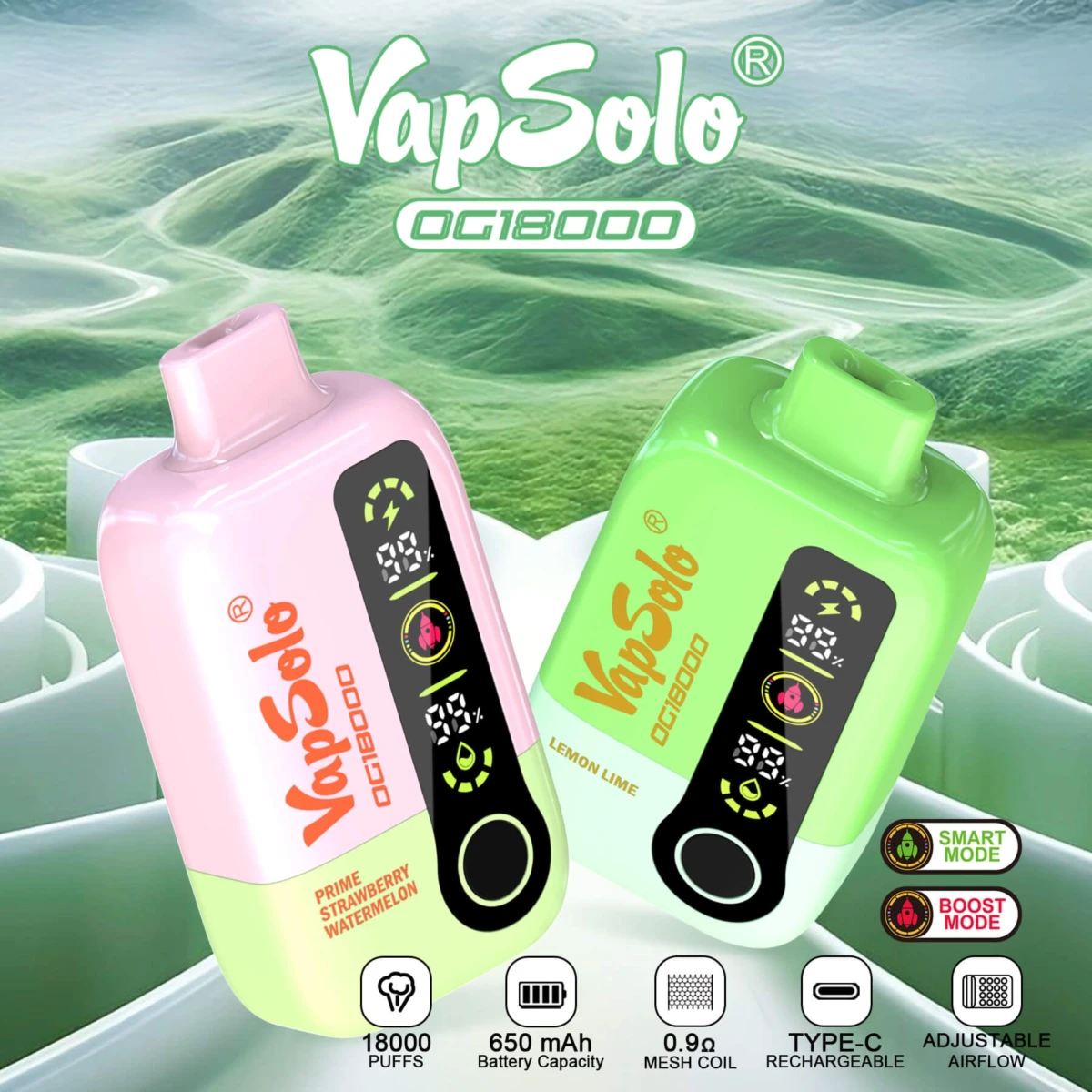 Pink-green (Prime Strawberry Watermelon) and green-white (Lemon Lime) VapSolo OG18000 disposable vapes, showcasing dual Smart/Boost modes and digital displays.