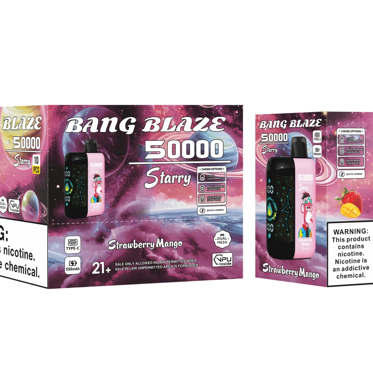 Bang Blaze 50000 Starry Strawberry Mango disposable vape, 3 modes, dual mesh