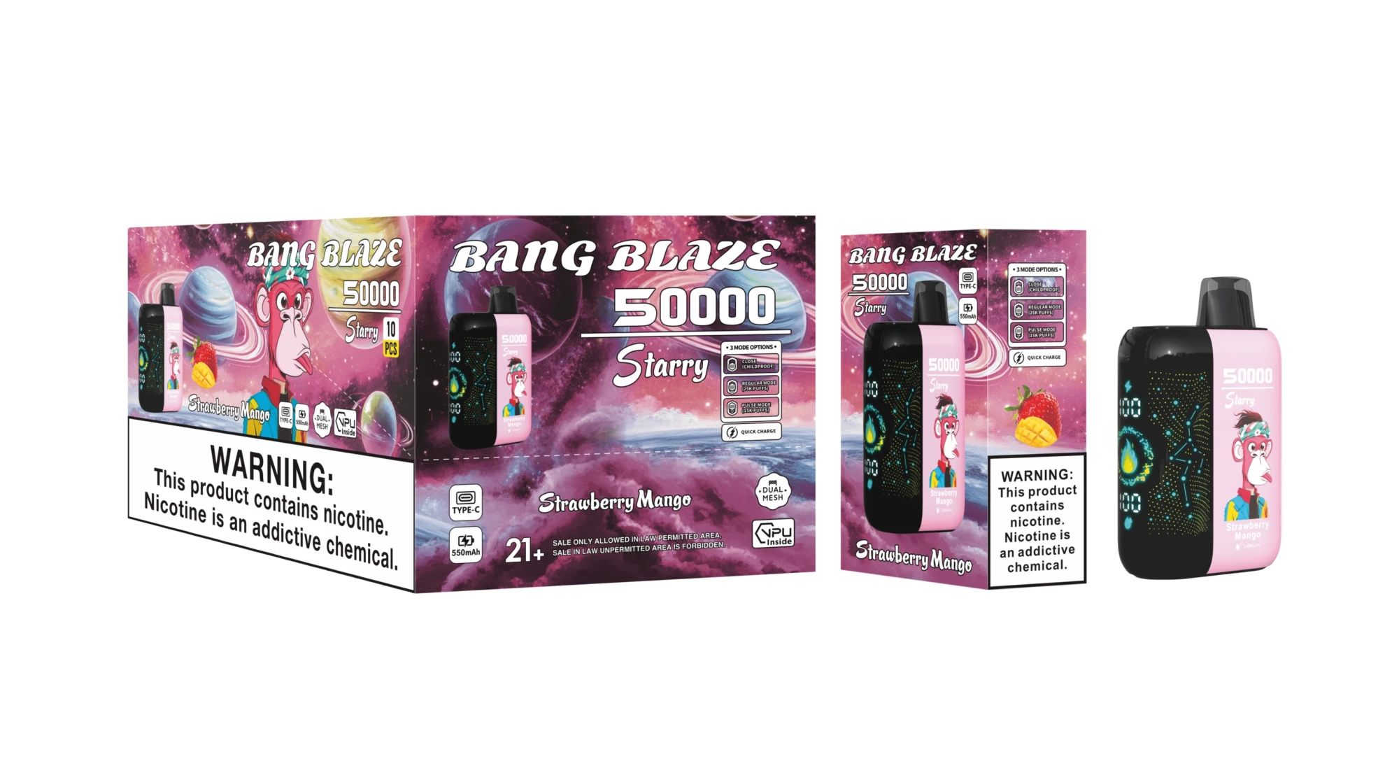Bang Blaze 50000 Starry Strawberry Mango disposable vape, 3 modes, dual mesh
