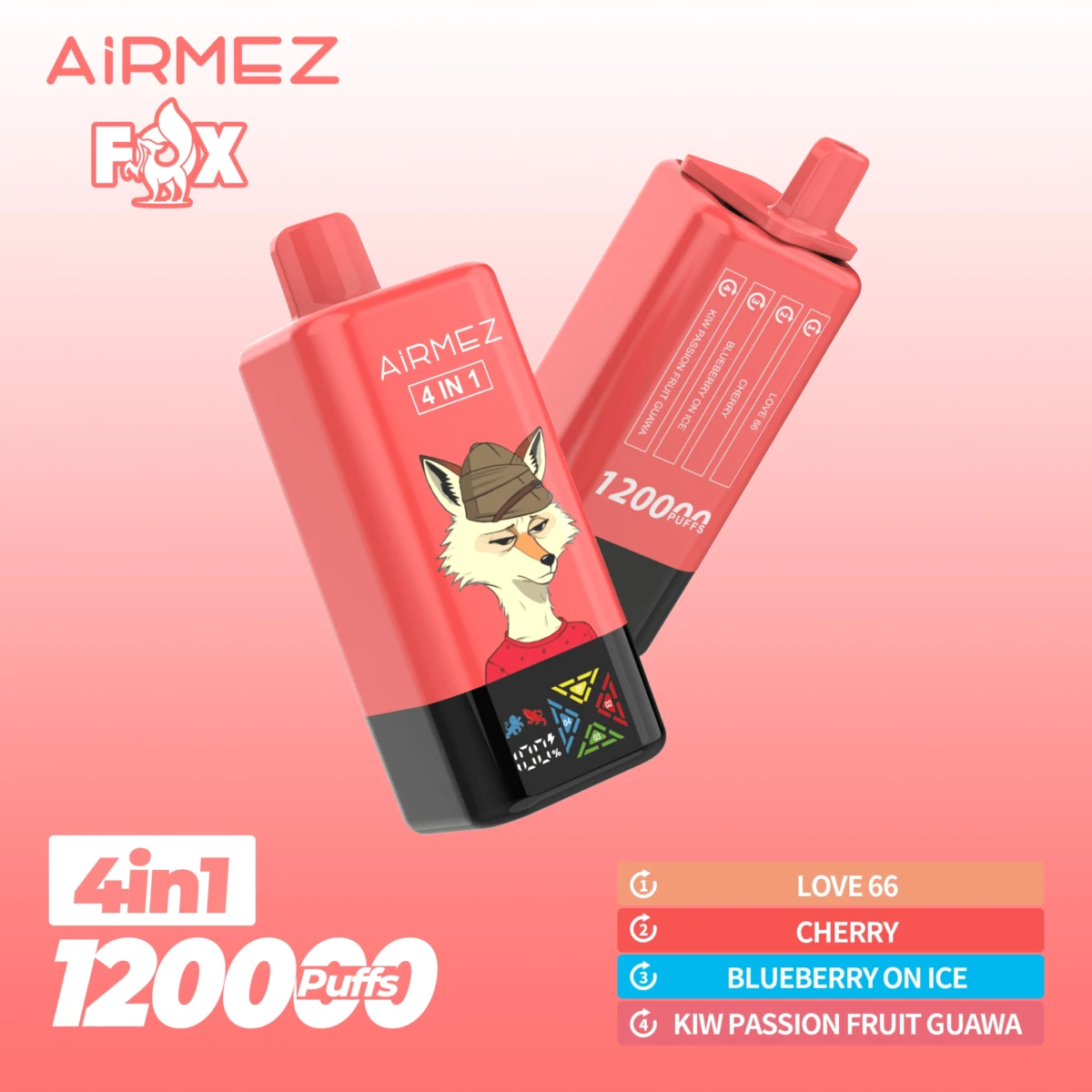 AIRMEZ FOX 4-in-1 12000 Disposable Vape, Love 66 Cherry Blueberry On Ice Kiwi Passion Fruit Guawa, 12000 Puffs, Fox Design, Bulk E-Cig