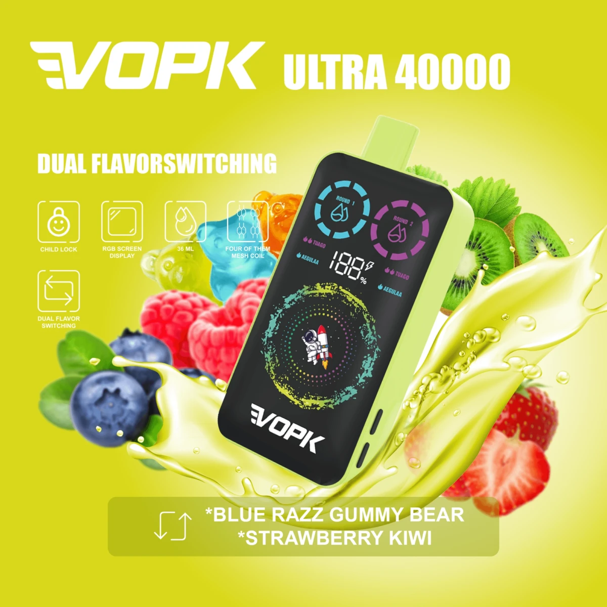VOPK ULTRA 40000 Puffs Disposable Vape, Dual Flavor: Blue Razz Gummy Bear Strawberry Kiwi, RGB Screen Child Lock, Bulk Wholesale
