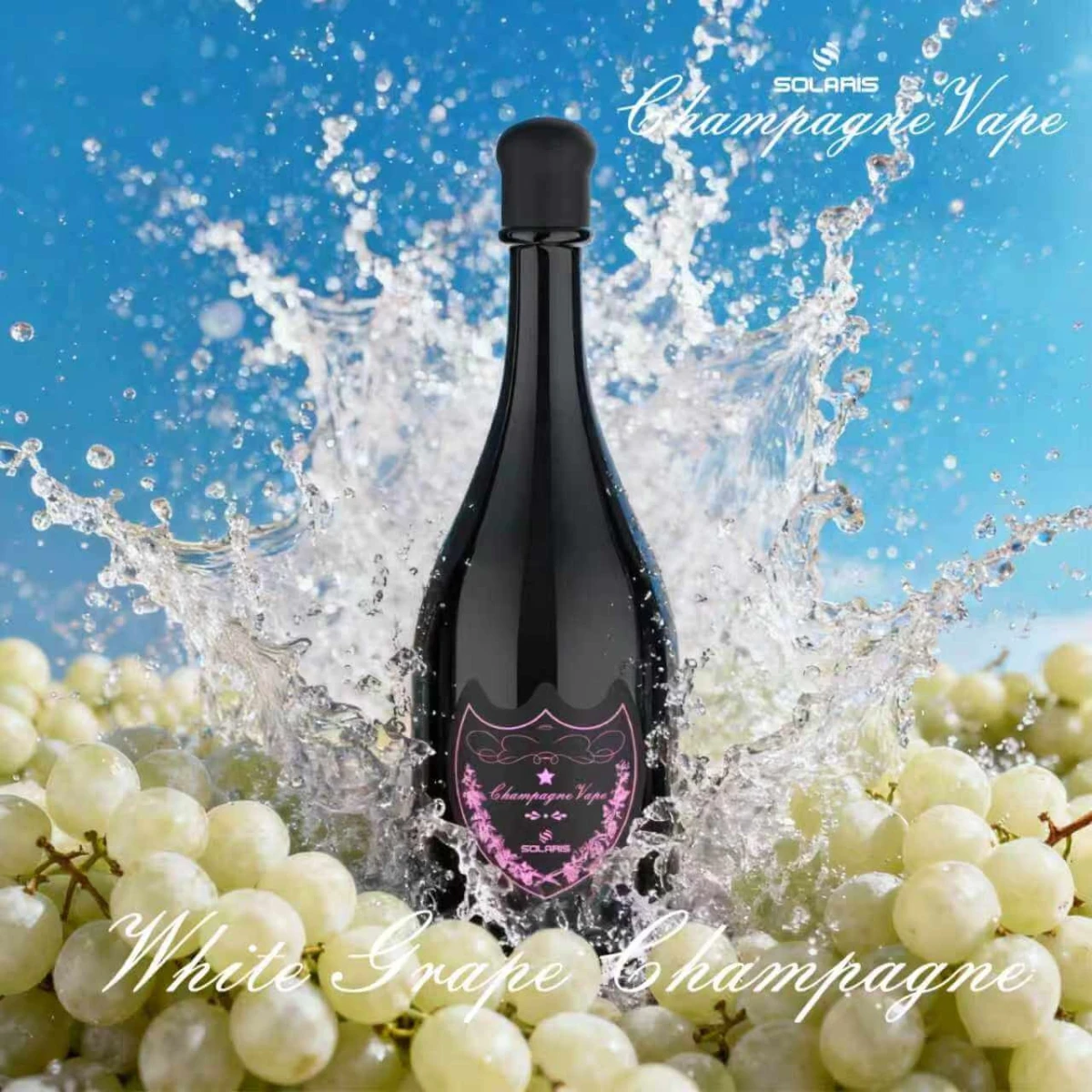 SOLARIS Champagne Vape White Grape Champagne disposable vape, black champagne bottle with pink logo, surrounded by fresh white grapes and water splash on blue background.