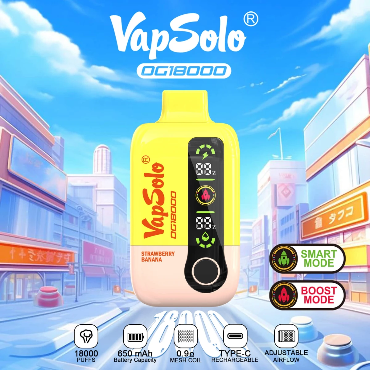 Yellow-pink VapSolo OG18000 disposable vape with Strawberry Banana flavor, featuring dual Smart/Boost modes, dual digital displays, and 0.9Ω mesh coil.