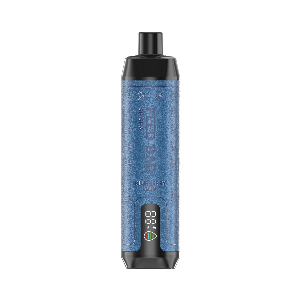 Blue FEED BAR Shisha disposable vape with Blueberry Gum flavor, showcasing vertical branding, digital display, and textured leather-like body with black base.