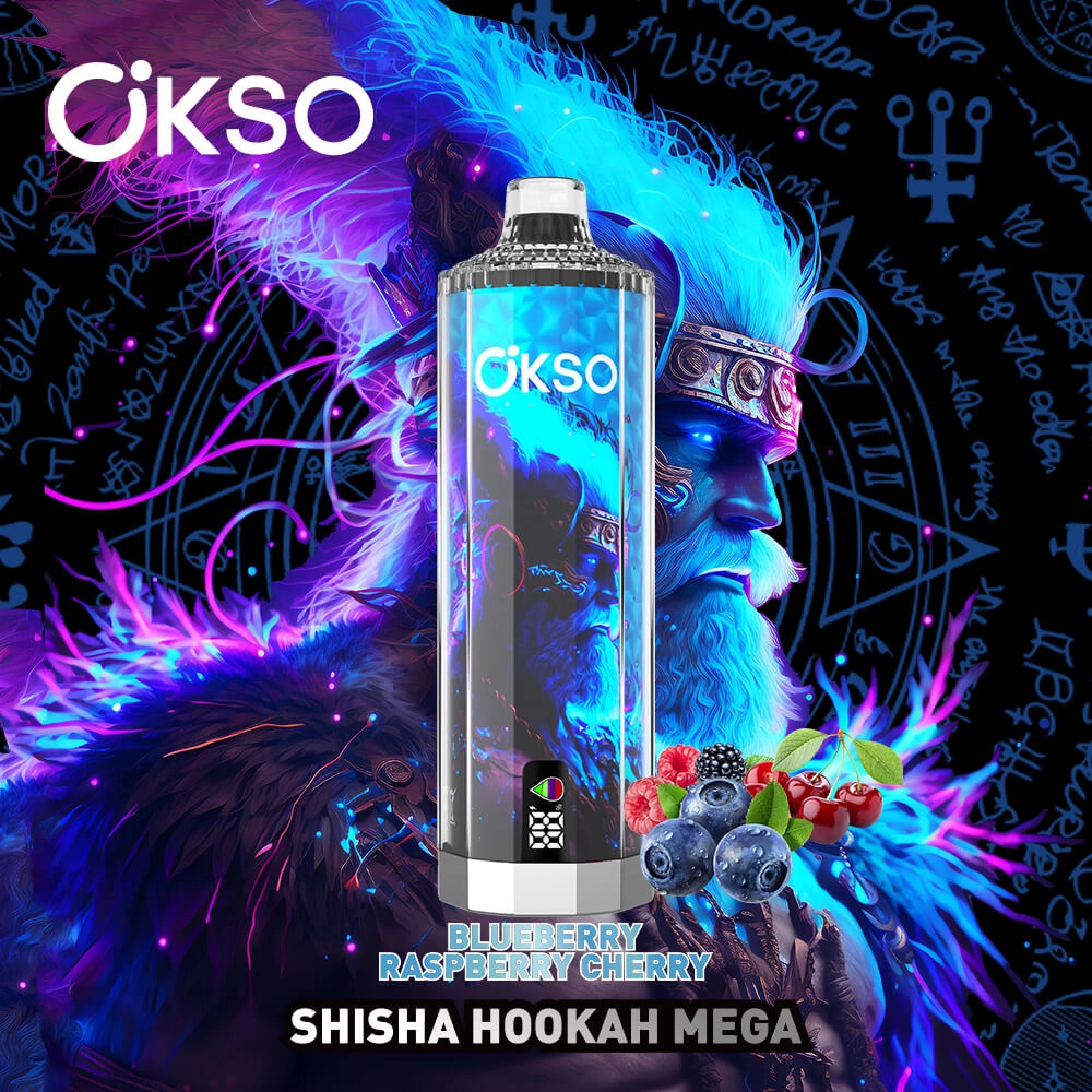 Okso shisha hookah mega blueberry raspberry cherry disposable vape, mixed berry flavor, digital screen rechargeable hookah vape bulk