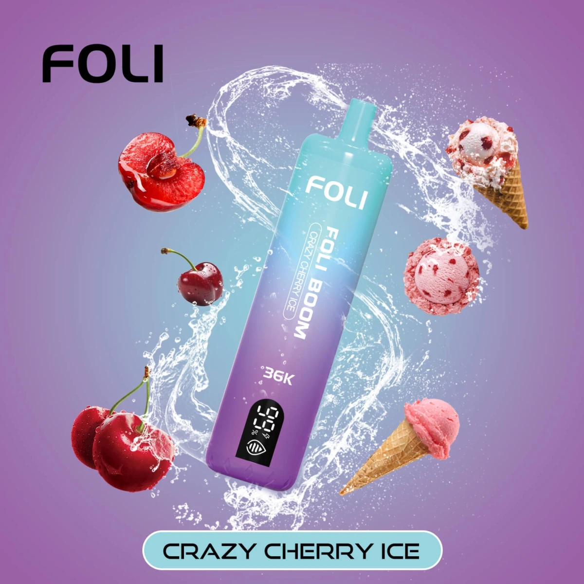 FOLI BOOM 36K Disposable Vape Crazy Cherry Ice Flavor, 36000 Puffs Rechargeable E-Cigarette with Digital Display, Bulk Vape Wholesale
