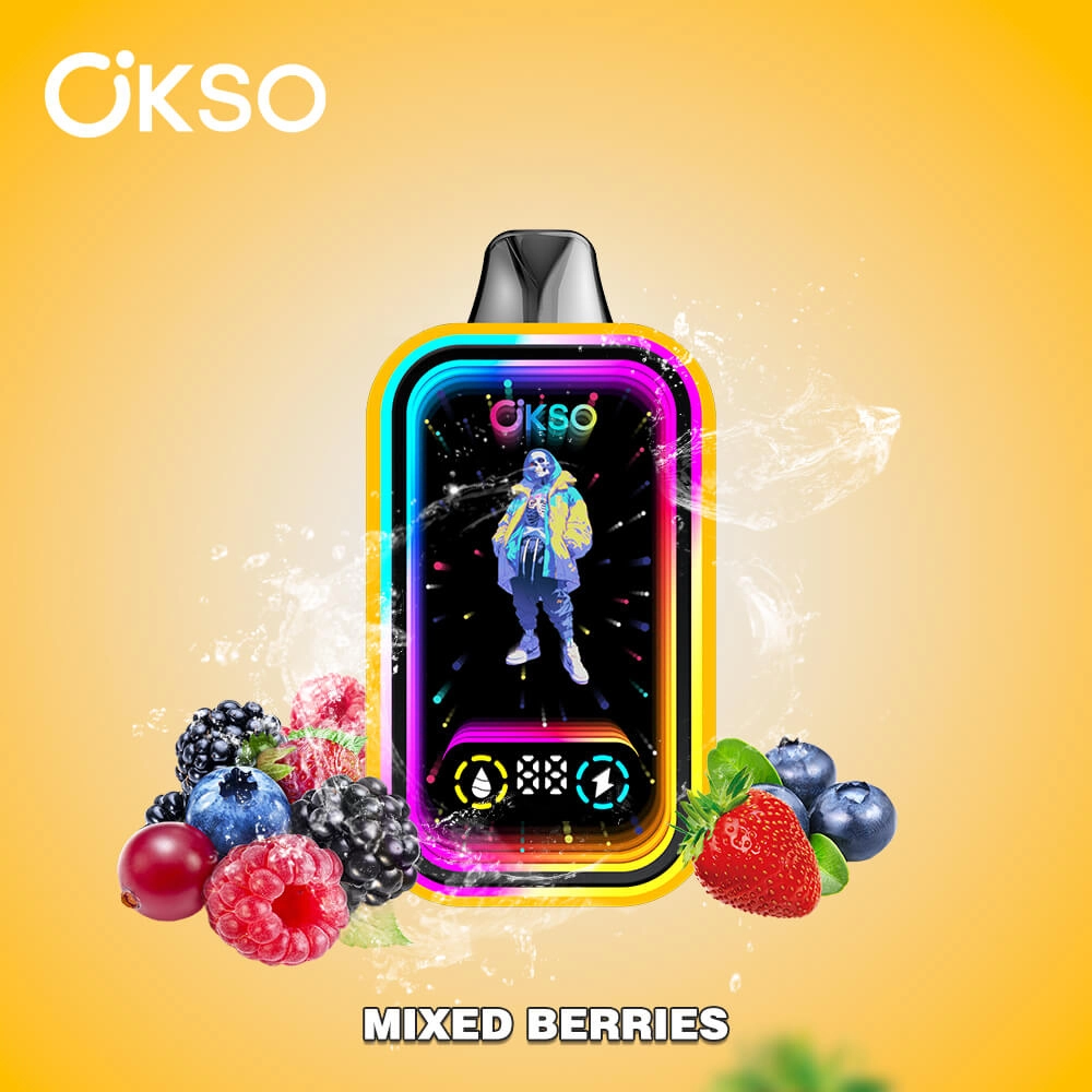 Okso mixed berries disposable vape with RGB digital screen, mixed berries flavor, rechargeable bulk vape