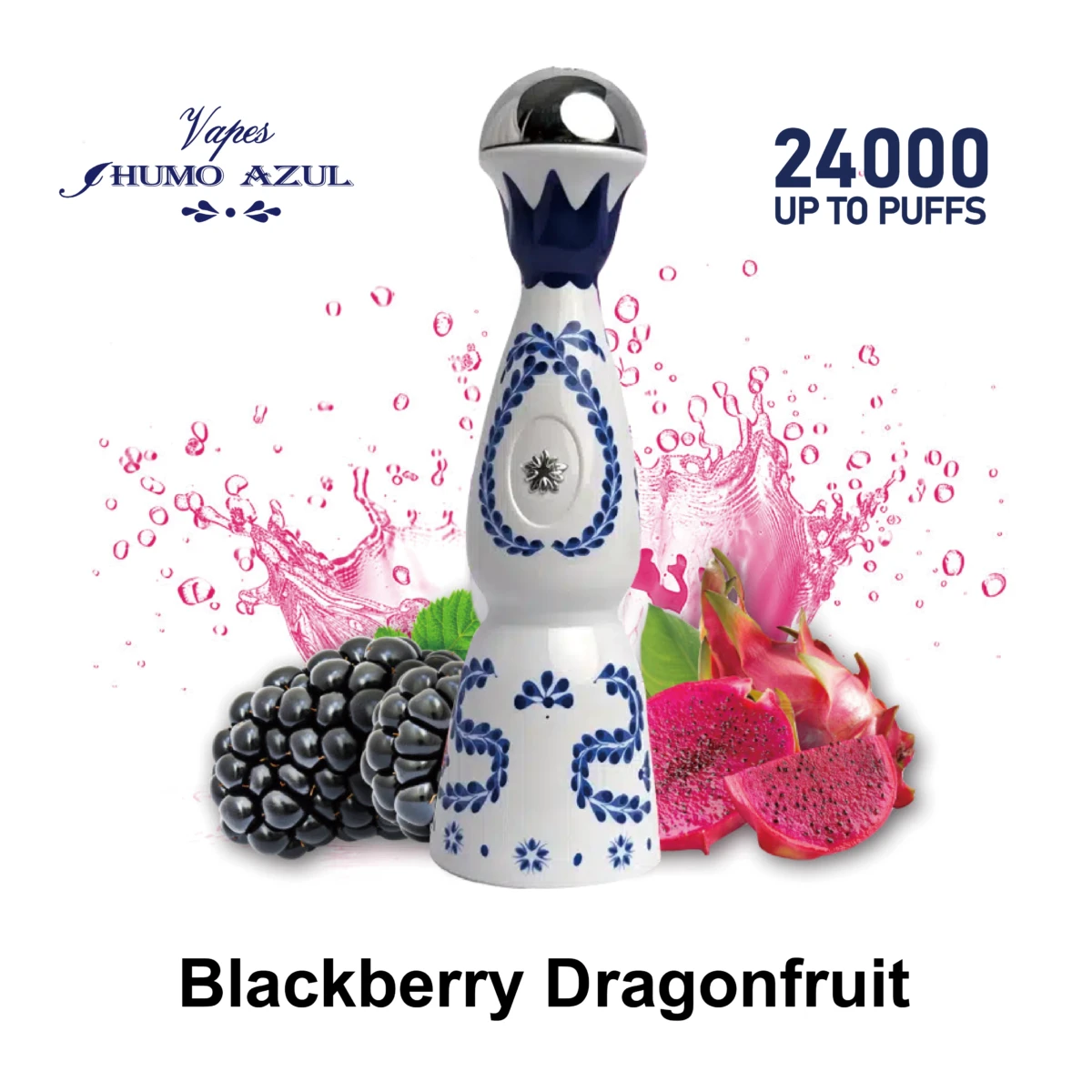 Humo Azul 24000 Puffs Blackberry Dragonfruit Disposable Vape, white and blue tequila design with fresh blackberries and dragon fruit, pink splash background