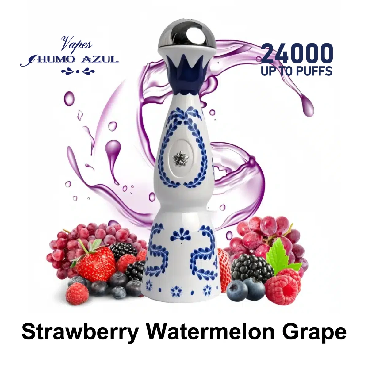 Humo Azul 24000 Puffs Strawberry Watermelon Grape Disposable Vape, tequila-inspired white and blue ceramic design, mixed berry and grape fruits with purple juice splash