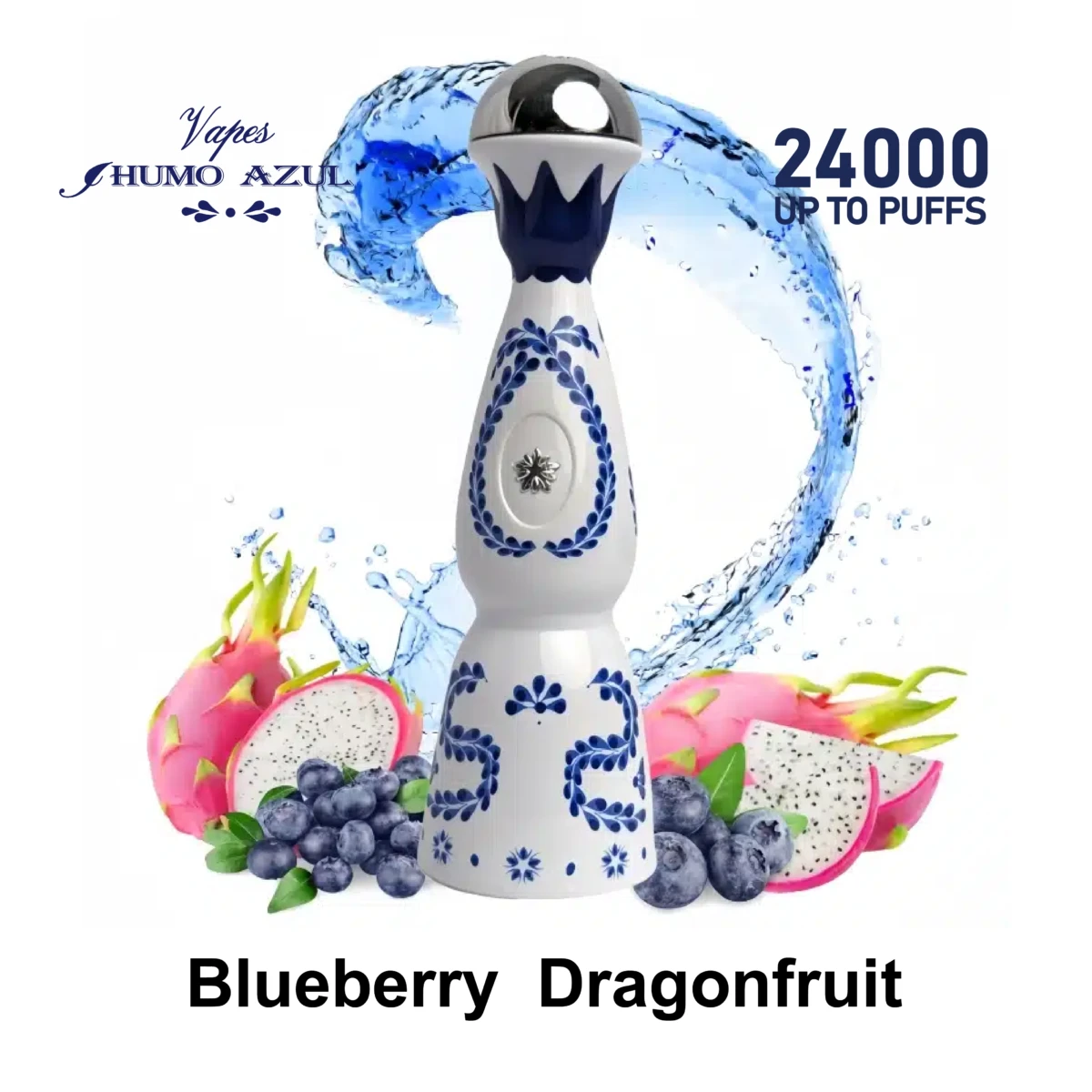 Humo Azul 24000 Puffs Blueberry Dragonfruit Disposable Vape, luxury tequila design with fresh blueberries and dragon fruit, blue water splash background