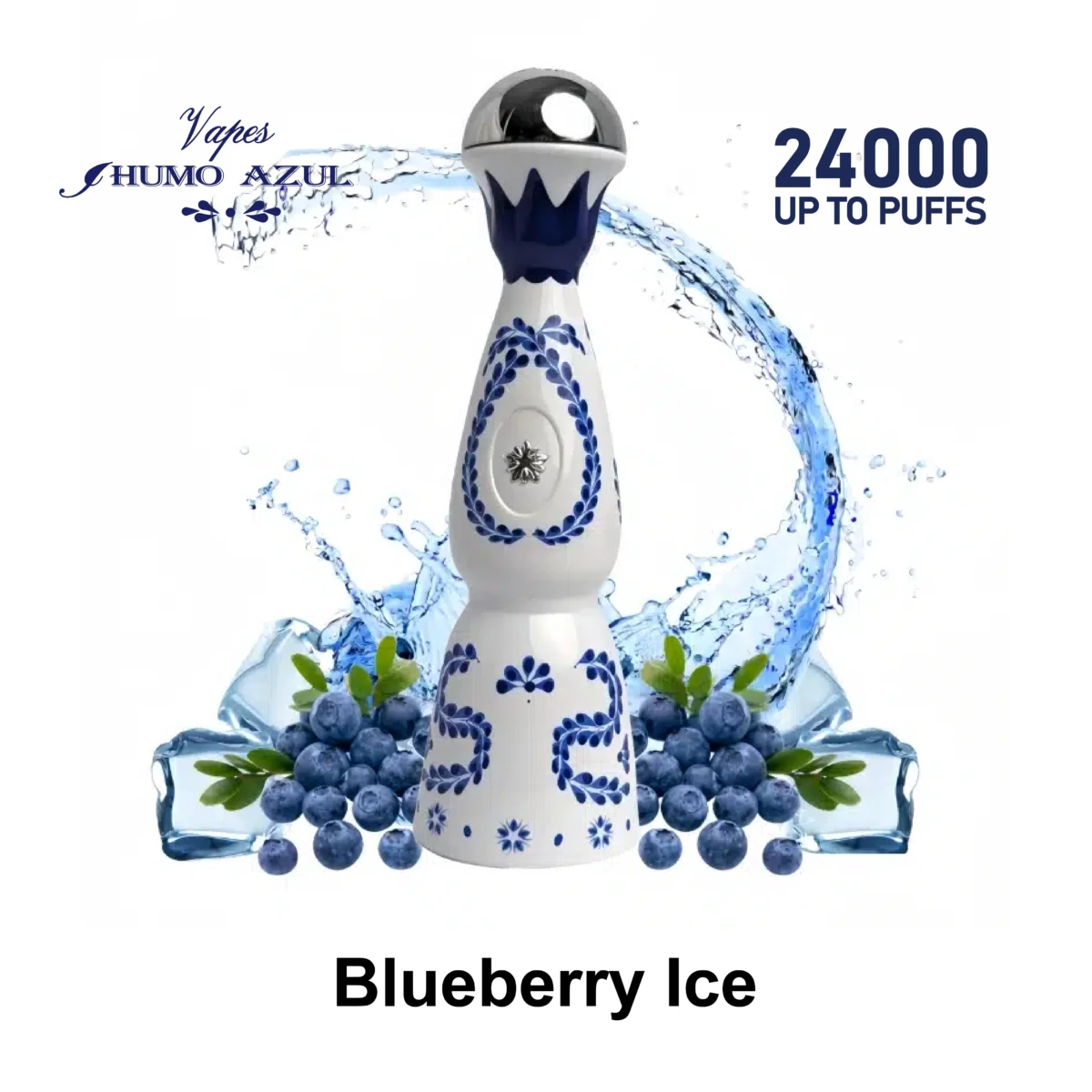 Humo Azul 24000 Puffs Blueberry Ice Disposable Vape, tequila-shaped design with fresh blueberries and ice cubes, blue water splash effect