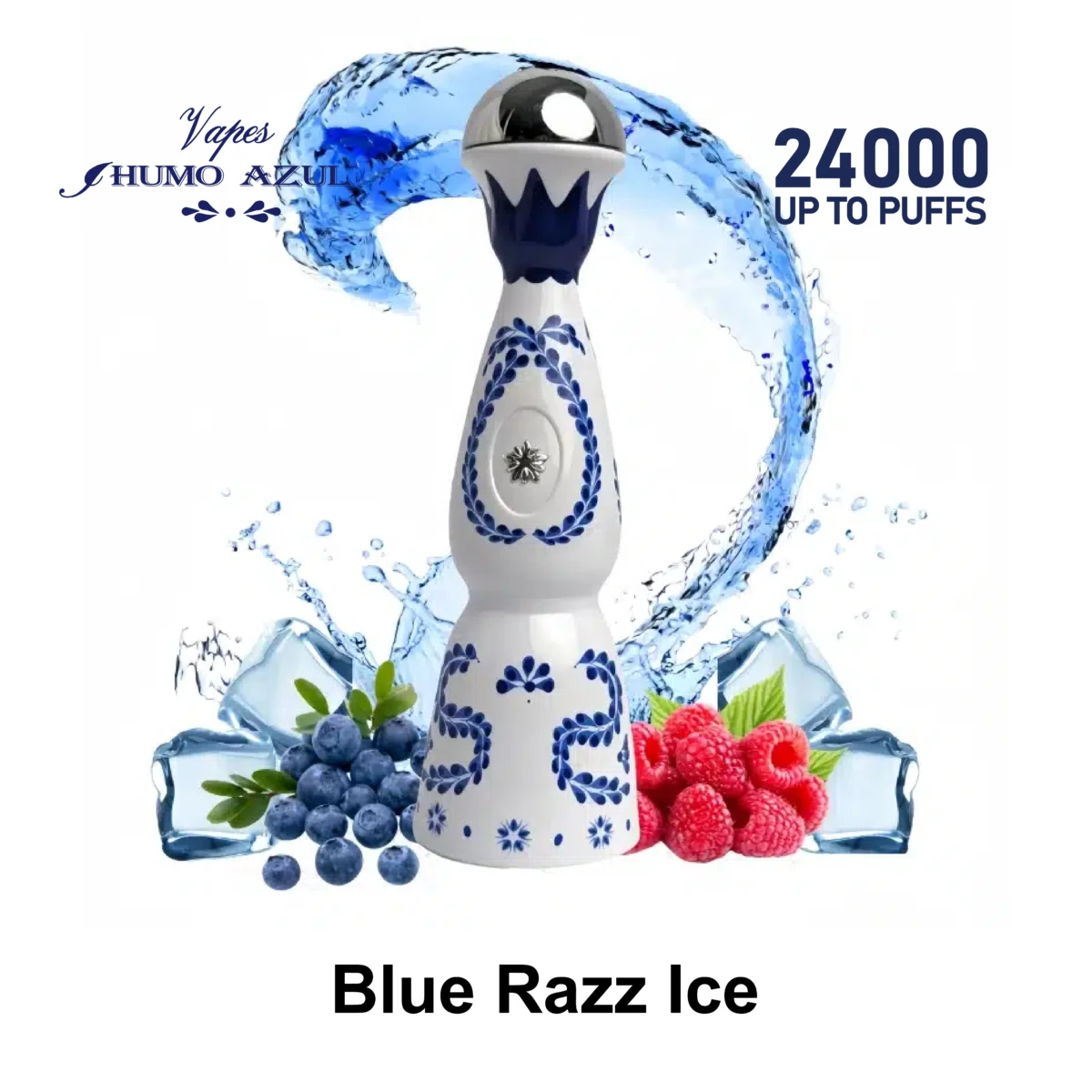 Humo Azul 24000 Puffs Blue Razz Ice Disposable Vape, white and blue tequila design with blueberries, raspberries and ice cubes, blue water splash