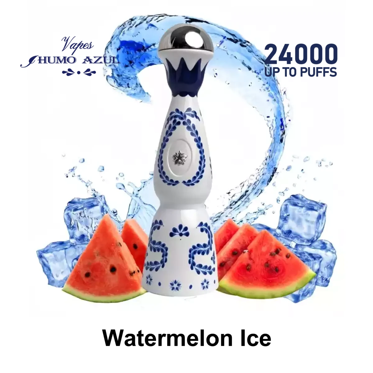 Humo Azul 24000 Puffs Watermelon Ice Disposable Vape, tequila-inspired design with fresh watermelon slices and ice cubes, blue water splash