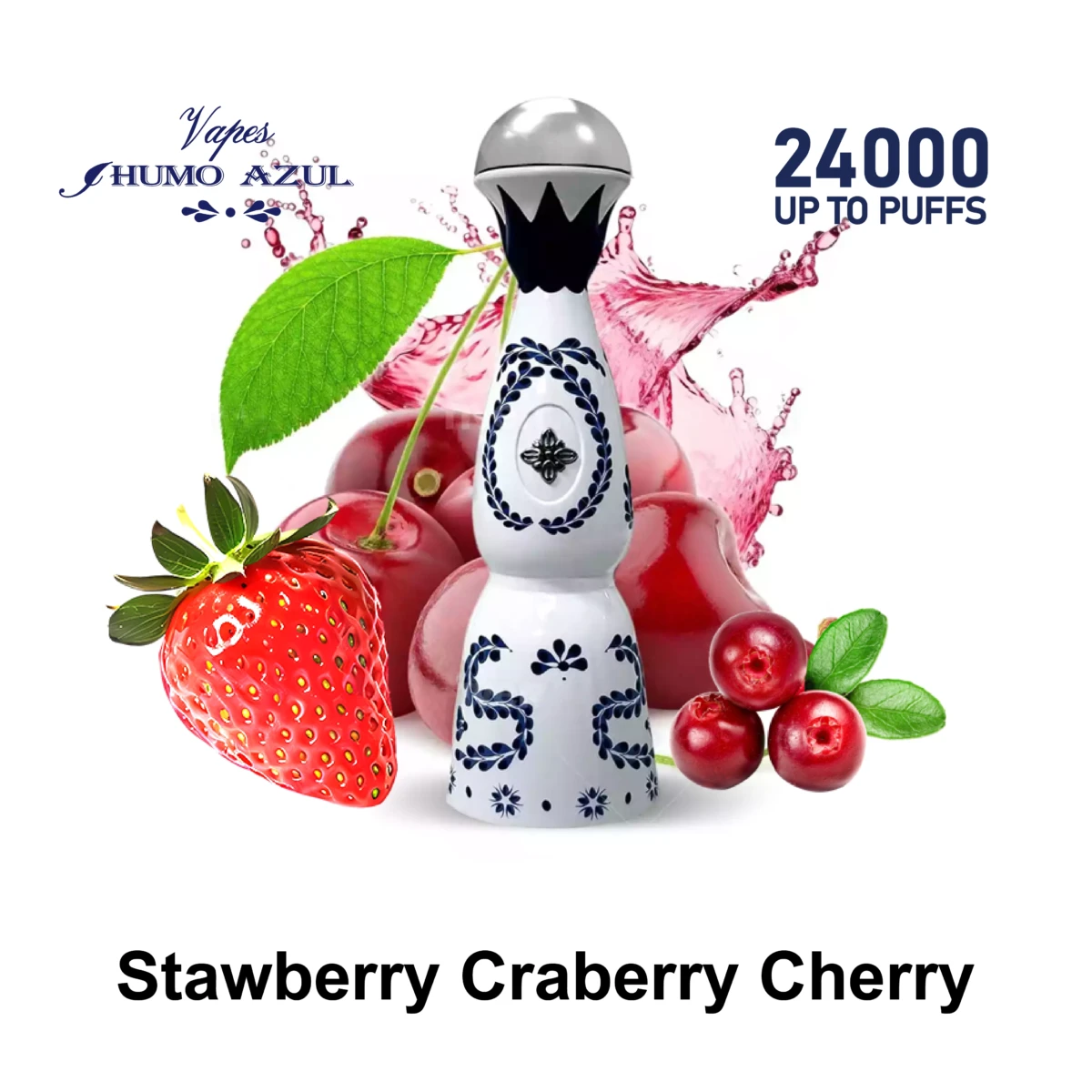 Humo Azul 24000 Puffs Strawberry Cranberry Cherry Disposable Vape, tequila-shaped design with fresh strawberry, cranberry and cherry, red juice splash