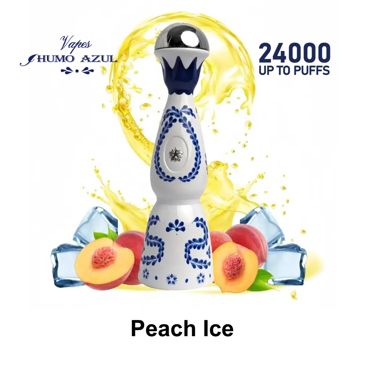 Humo Azul 24000 Puffs Peach Ice Disposable Vape, tequila design with fresh peach slices and ice cubes, yellow juice splash background