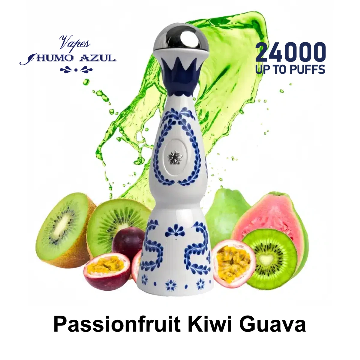 Humo Azul 24000 Puffs Passionfruit Kiwi Guava Disposable Vape, tequila-inspired design with passionfruit, kiwi and guava, green juice splash