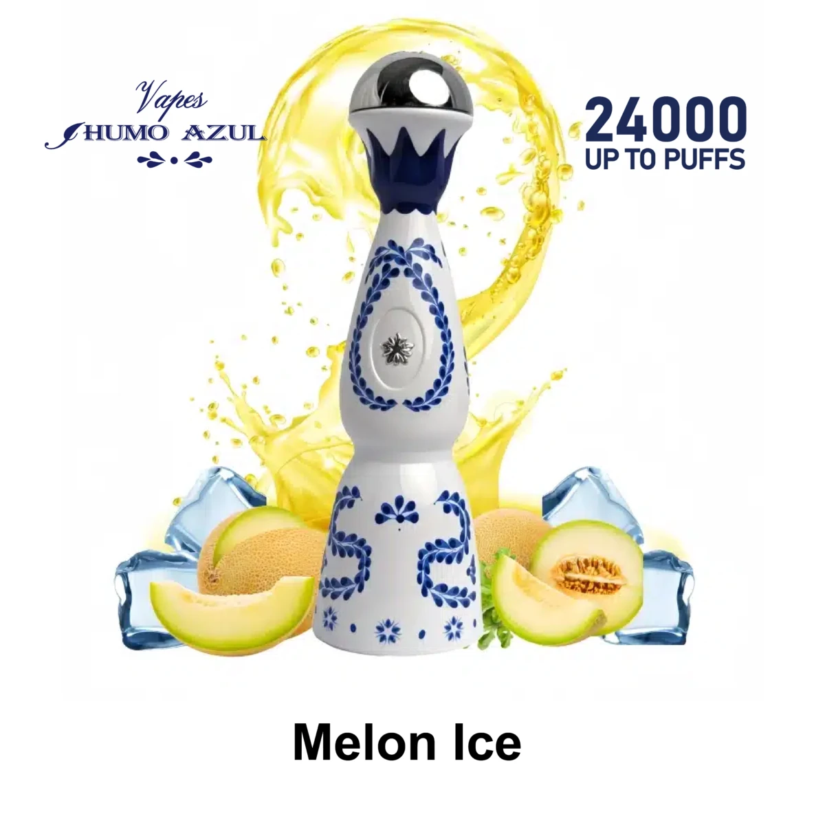 Humo Azul 24000 Puffs Melon Ice Disposable Vape, tequila-shaped design with fresh melon slices and ice cubes, yellow juice splash