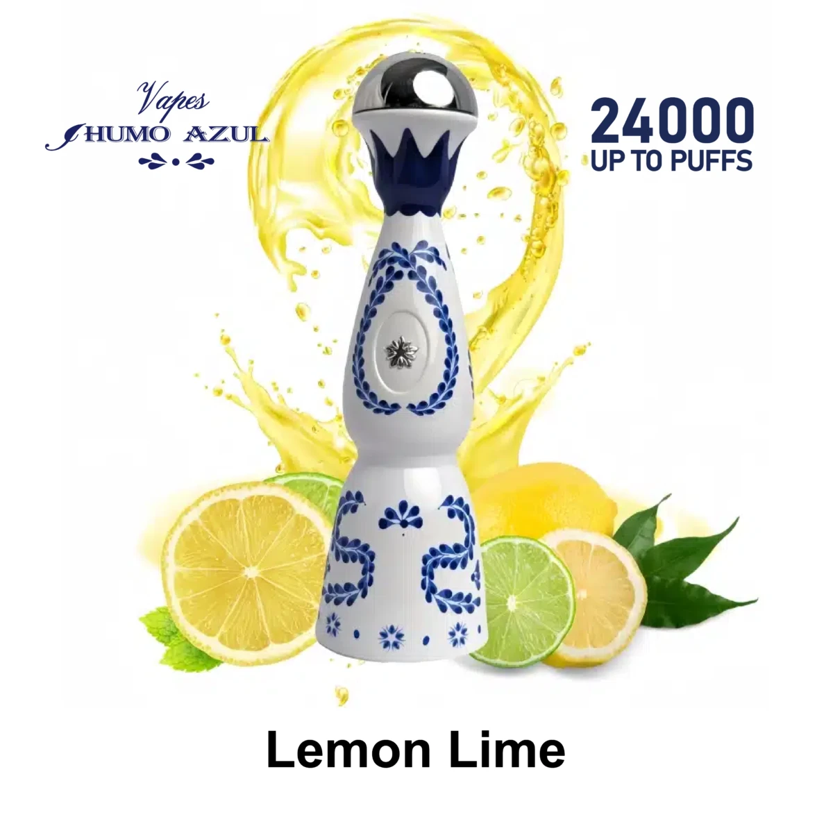 Humo Azul 24000 Puffs Lemon Lime Disposable Vape, tequila-inspired white and blue ceramic design, fresh lemon and lime slices with yellow juice splash