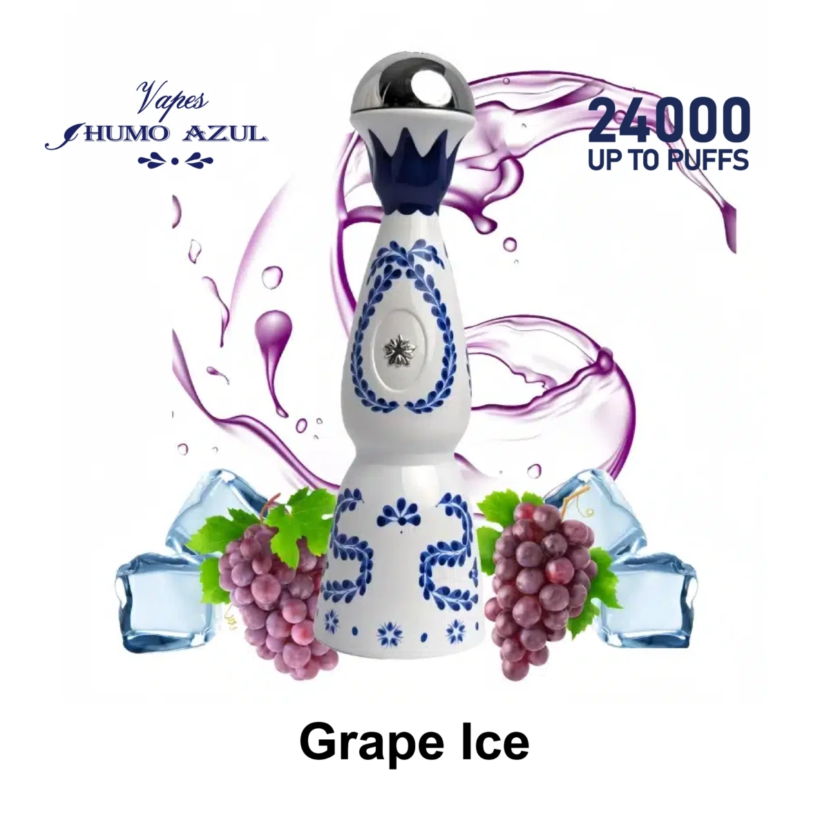 Humo Azul 24000 Puffs Grape Ice Disposable Vape, luxury tequila design with fresh purple grapes and ice cubes, purple juice splash background