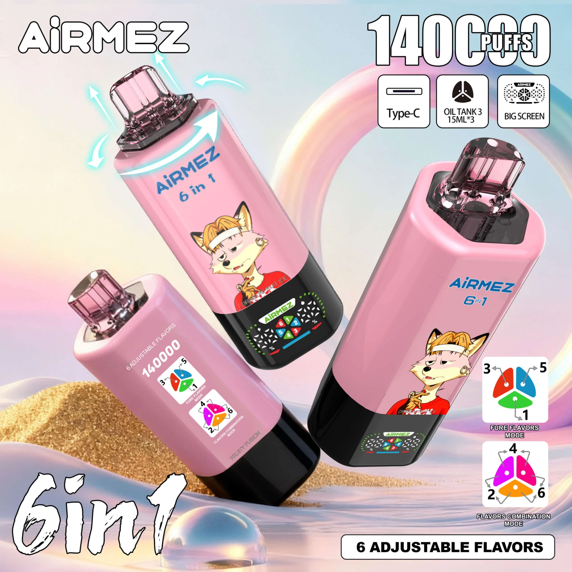 Airmez fox 6 in 1 140000 puffs disposable vape, 6 adjustable flavors big screen Type-C rechargeable bulk vape