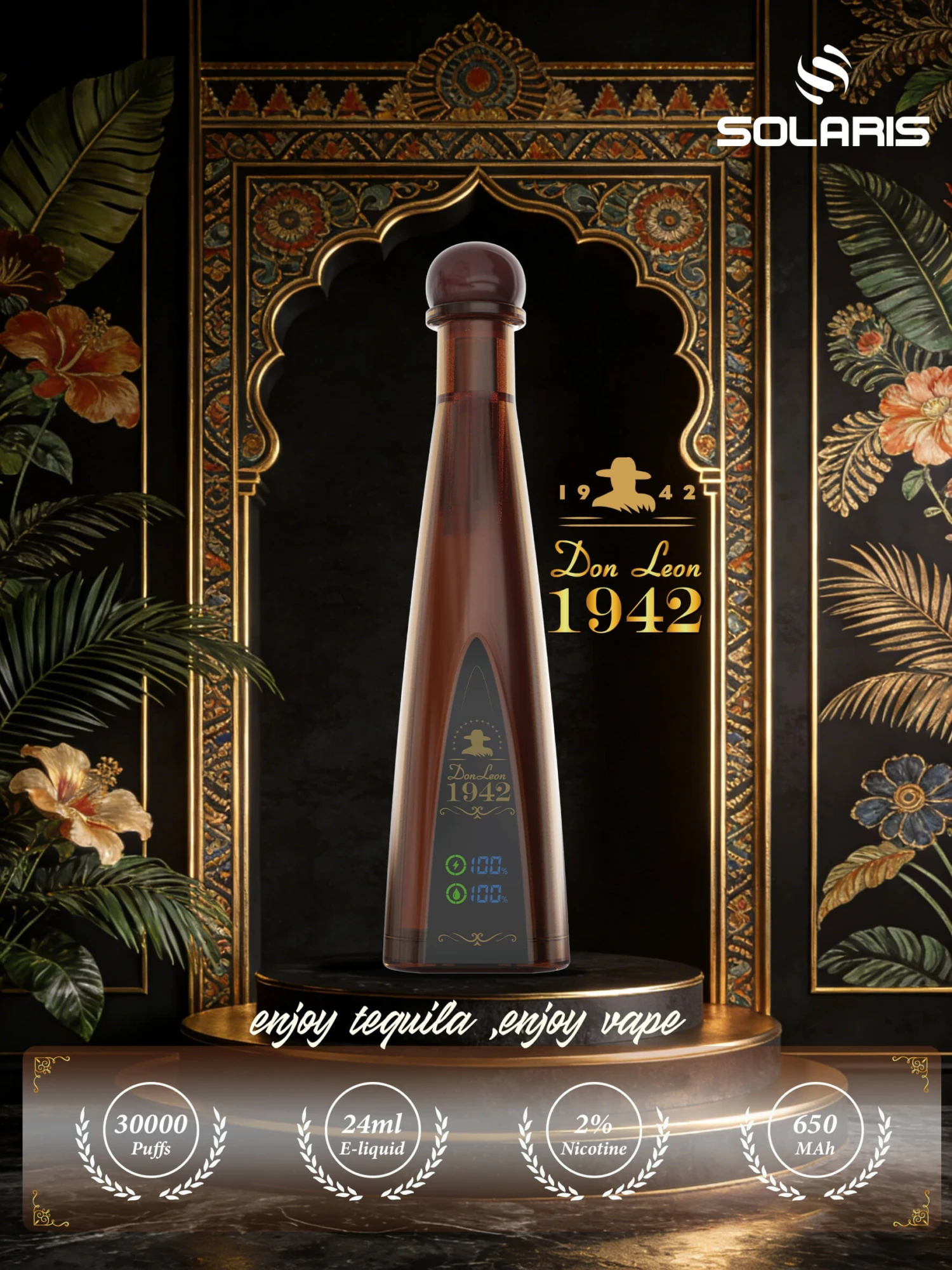 Don Leon 1942 tequila 30000 puffs disposable vape, tequila bottle design, 24ml e-liquid 2% nicotine 650mAh rechargeable, luxury vape bulk wholesale