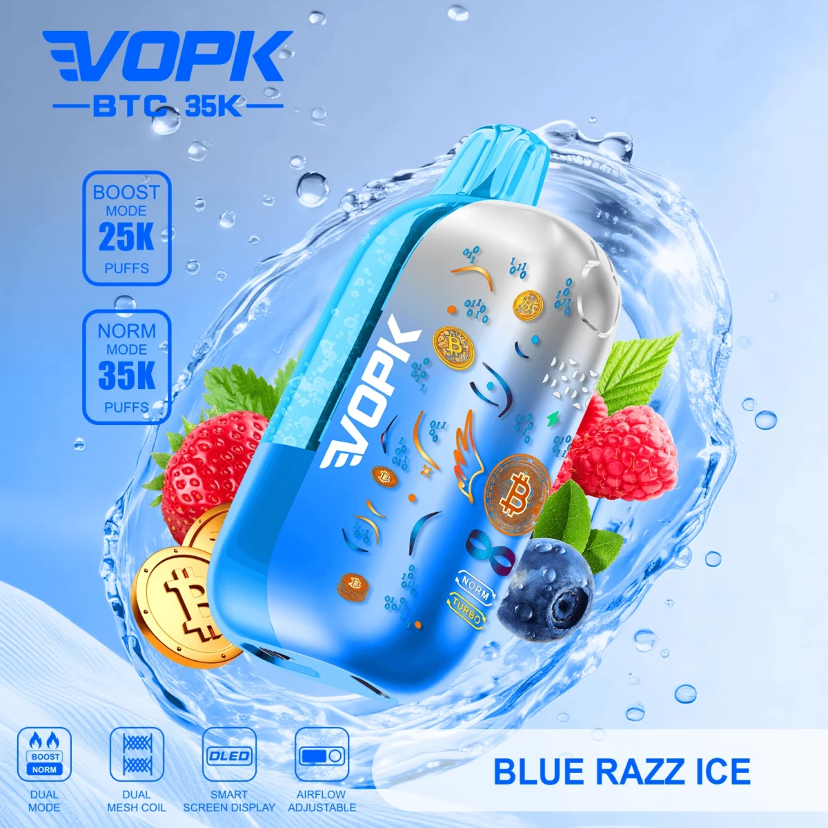 VOPK BTC 35K Disposable Vape Blue Razz Ice Flavor, 35000 Puffs Dual Mode, Dual Mesh Coil, OLED Screen, Bulk Vape Wholesale