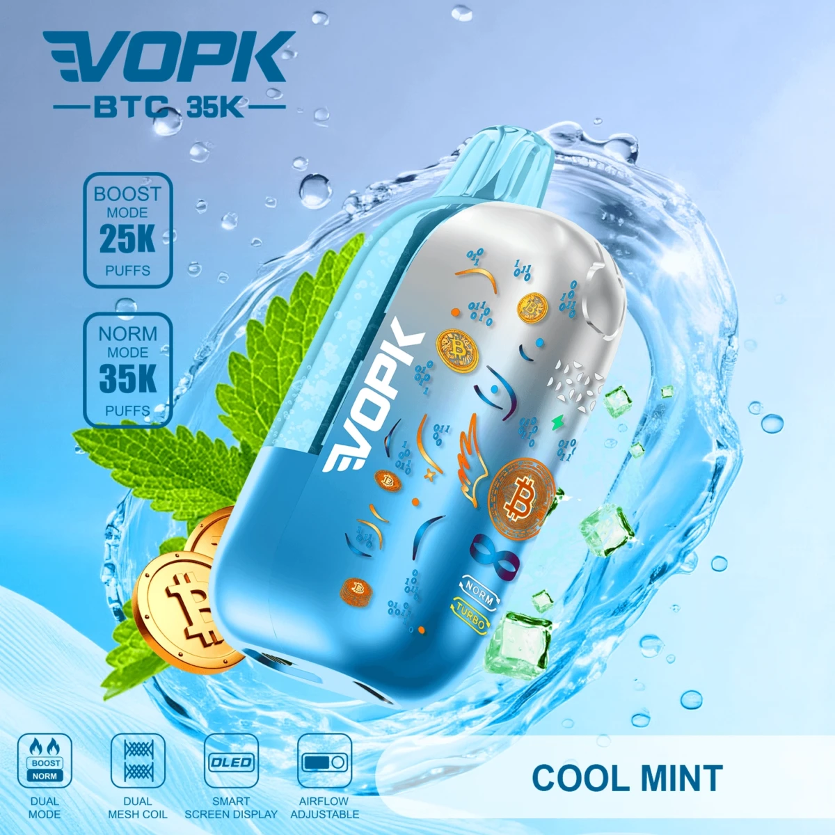VOPK BTC 35K Disposable Vape Cool Mint Flavor, 35000 Puffs Dual Mode, Dual Mesh Coil, OLED Screen, Bulk E-Cig