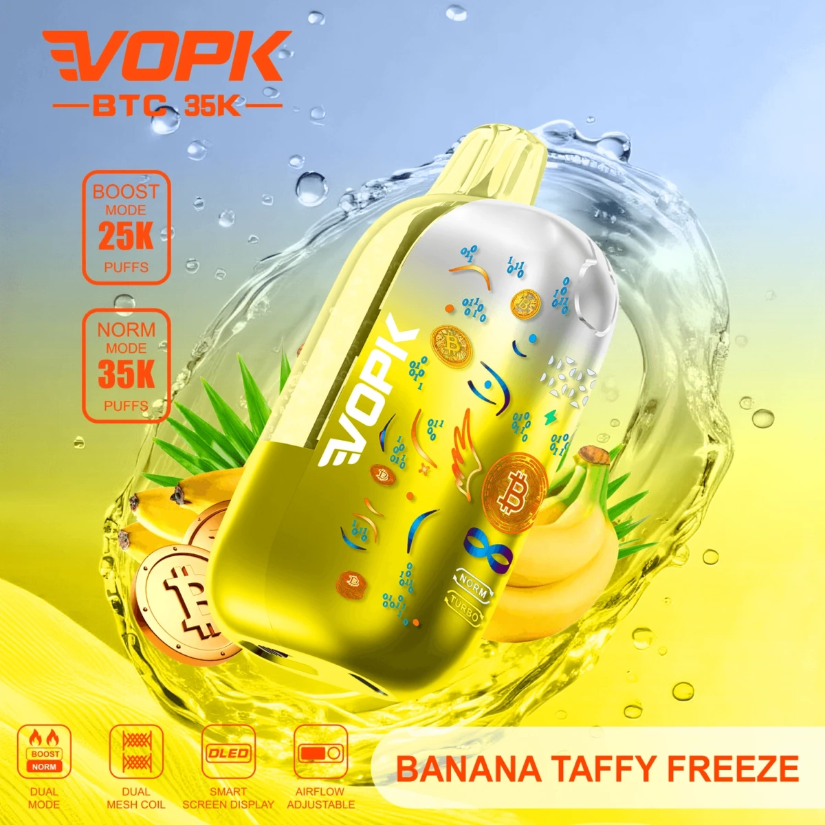 VOPK BTC 35K Disposable Vape Banana Taffy Freeze Flavor, 35000 Puffs Dual Mode, Dual Mesh Coil, OLED Screen, Bulk E-Cig