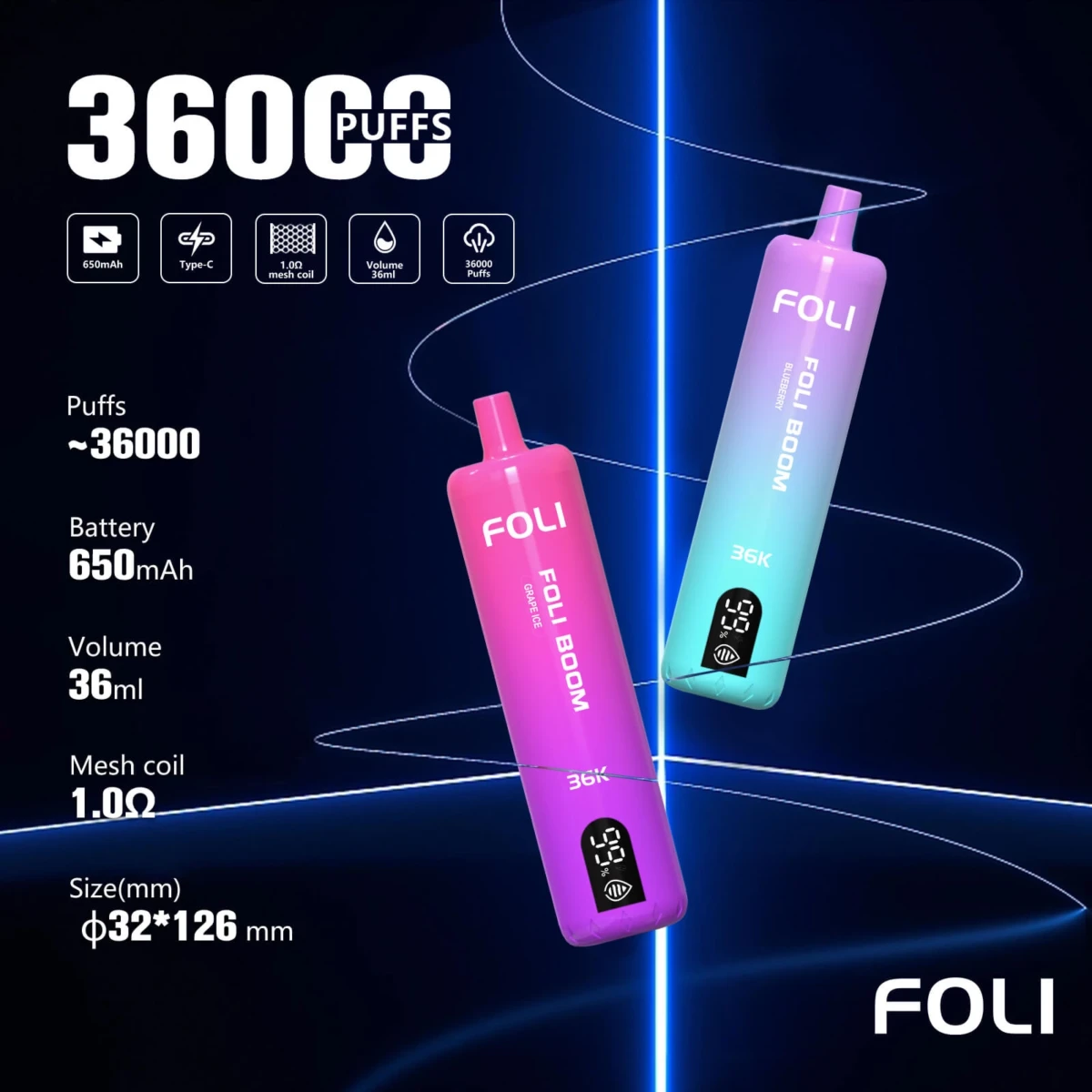 FOLI BOOM 36K Disposable Vape Specs, 36000 Puffs 650mAh Type-C Rechargeable Vape, 1.0Ω Mesh Coil 36ml E-Liquid, Bulk Wholesale Disposable E-Cigarette