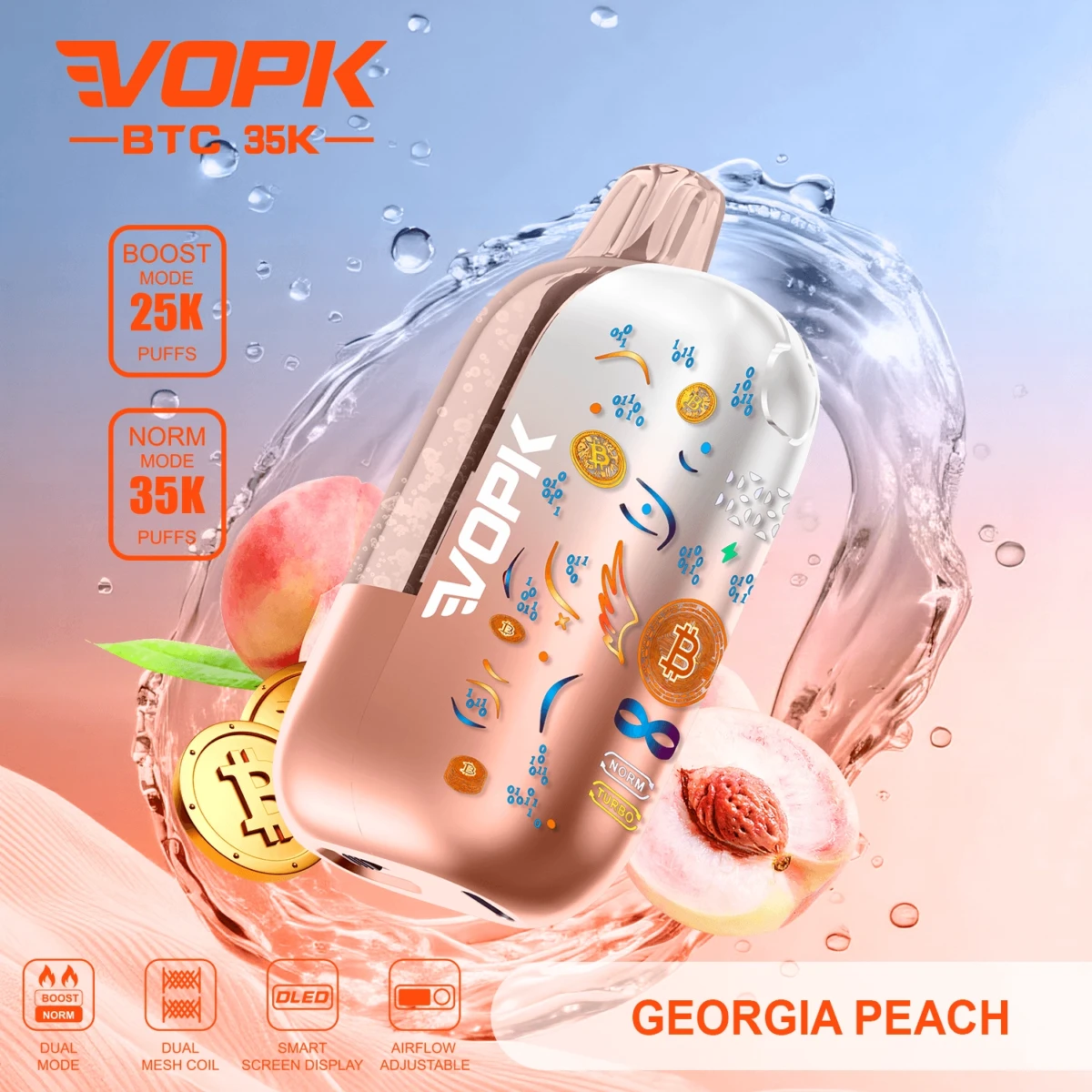 VOPK BTC 35K Disposable Vape Georgia Peach Flavor, 35000 Puffs Dual Mode, Dual Mesh Coil, OLED Screen, Bulk Vape Supply