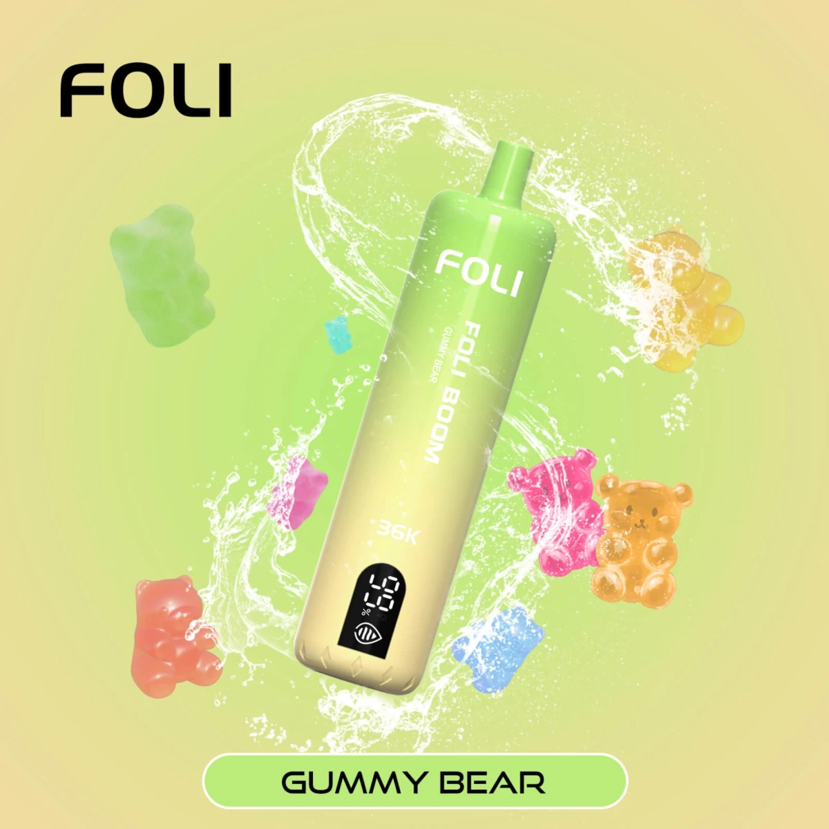 FOLI BOOM 36K Disposable Vape Gummy Bear Flavor, 36000 Puffs Rechargeable E-Cigarette with Digital Display, Bulk Vape Wholesale