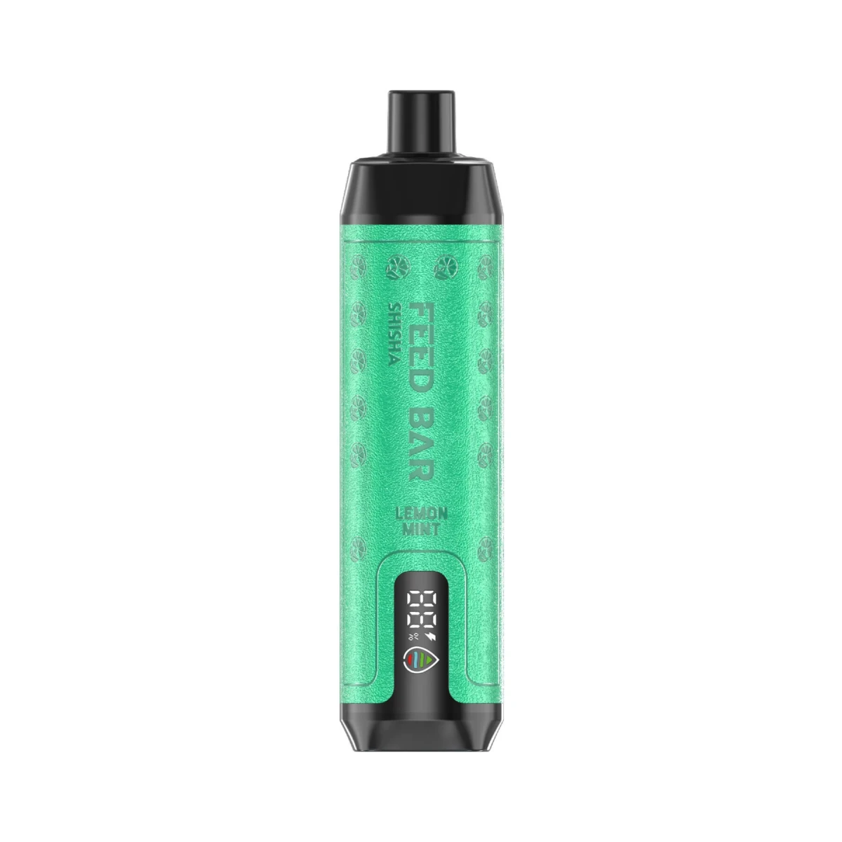 Teal FEED BAR Shisha disposable vape with Lemon Mint flavor, showcasing vertical branding, digital puff display, and textured leather body with black top/base.