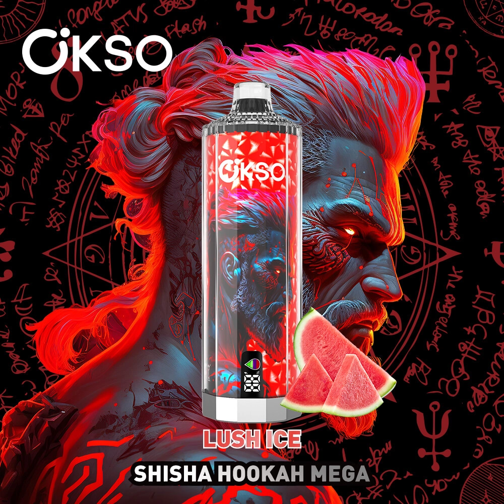 Okso shisha hookah mega lush ice disposable vape, watermelon ice flavor, digital screen rechargeable hookah vape bulk