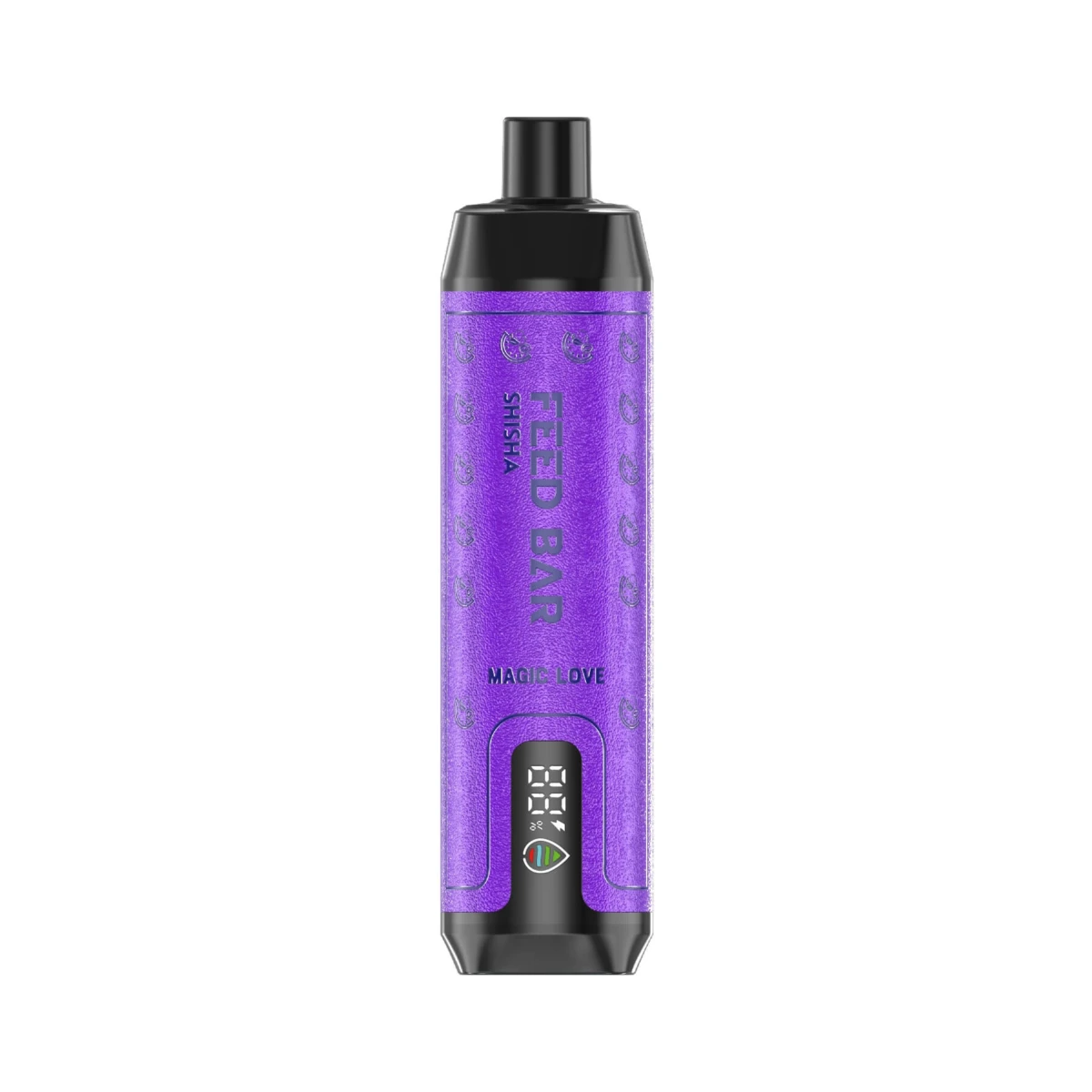 Purple FEED BAR Shisha disposable vape with Magic Love flavor, showcasing vertical branding, digital puff display, and textured leather body with black base.