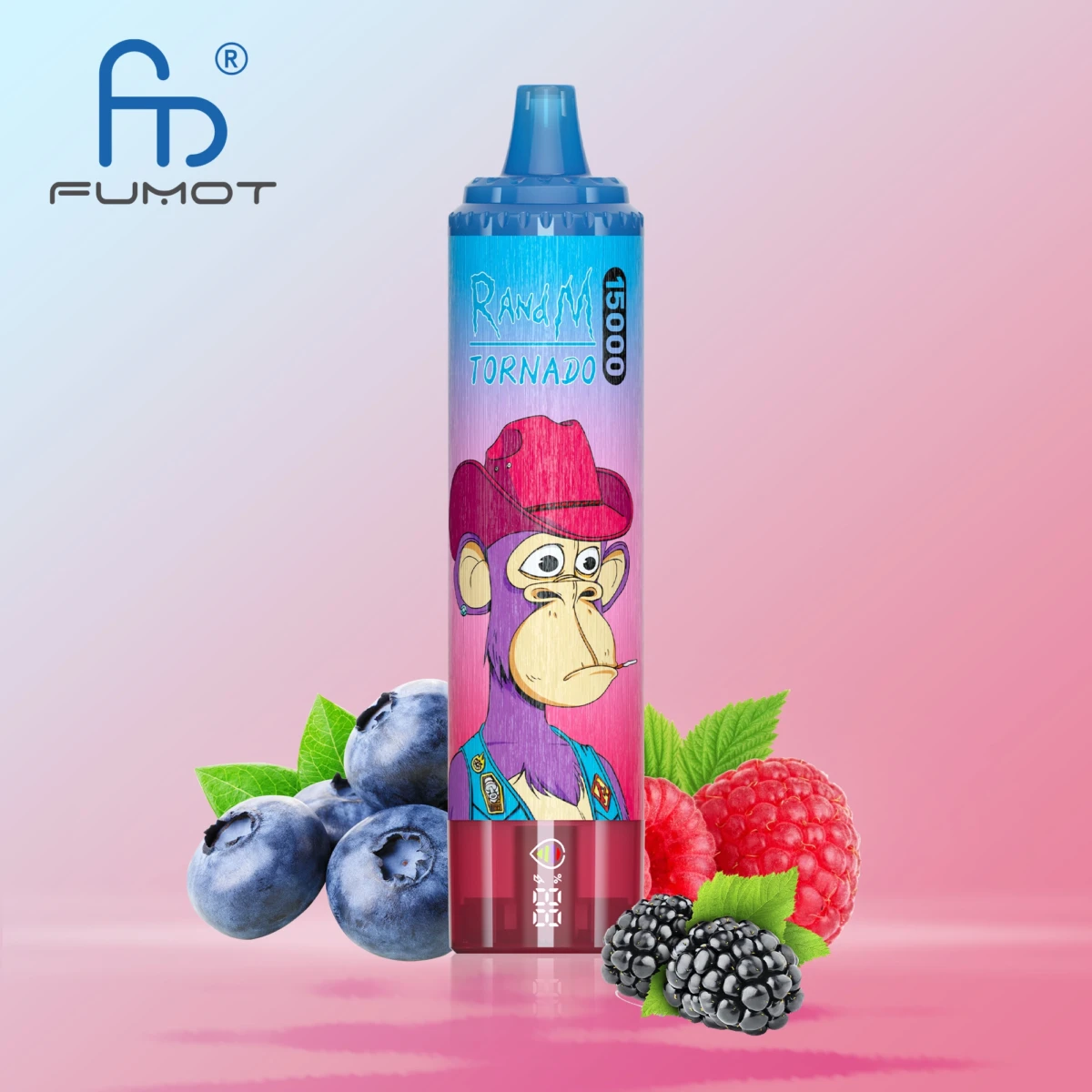 FUMOT RandM Tornado 15000 puffs disposable vape mixed berry ice flavor with fresh berry garnish