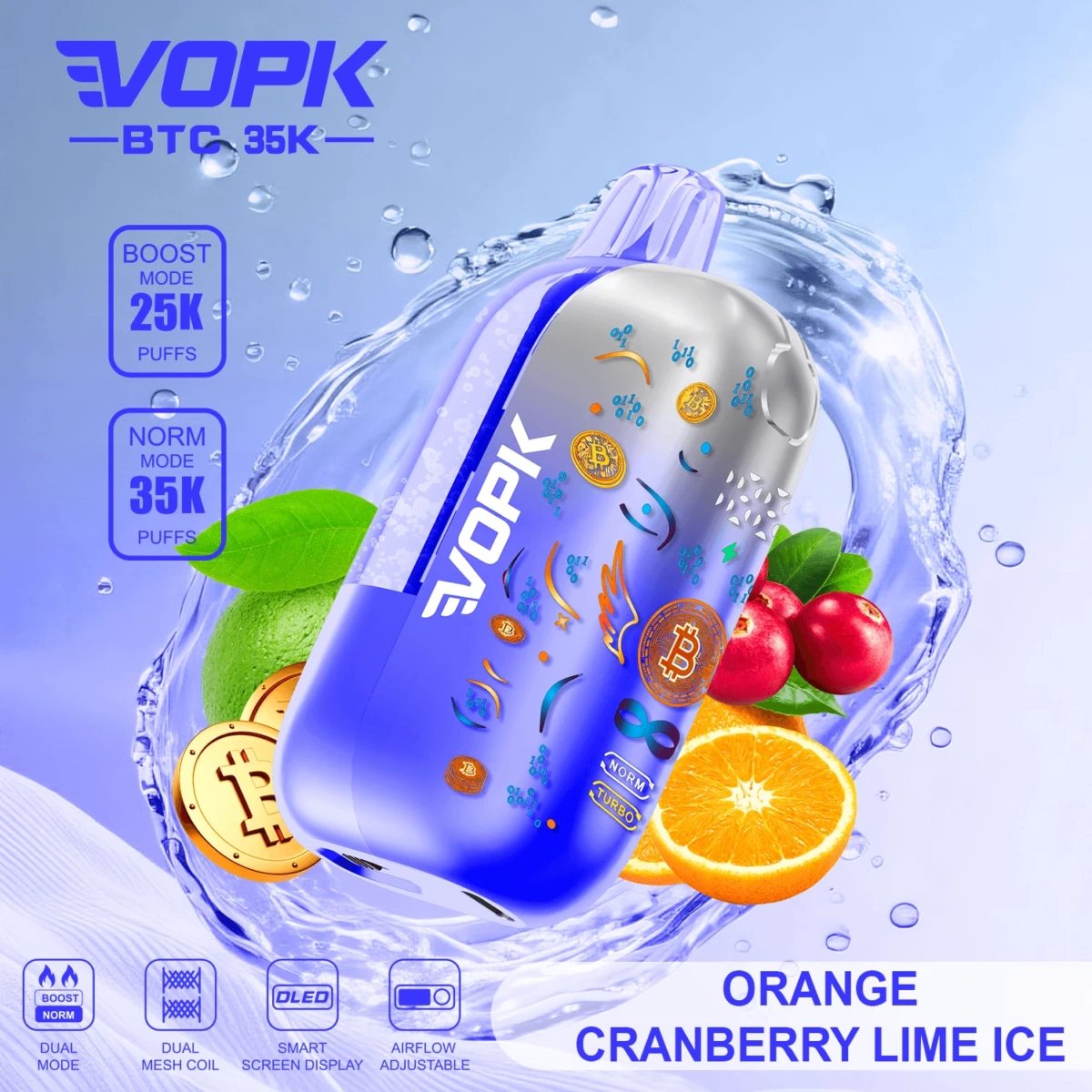 VOPK BTC 35K Disposable Vape Orange Cranberry Lime Ice Flavor, 35000 Puffs Dual Mode, Dual Mesh Coil, OLED Screen, Bulk Wholesale