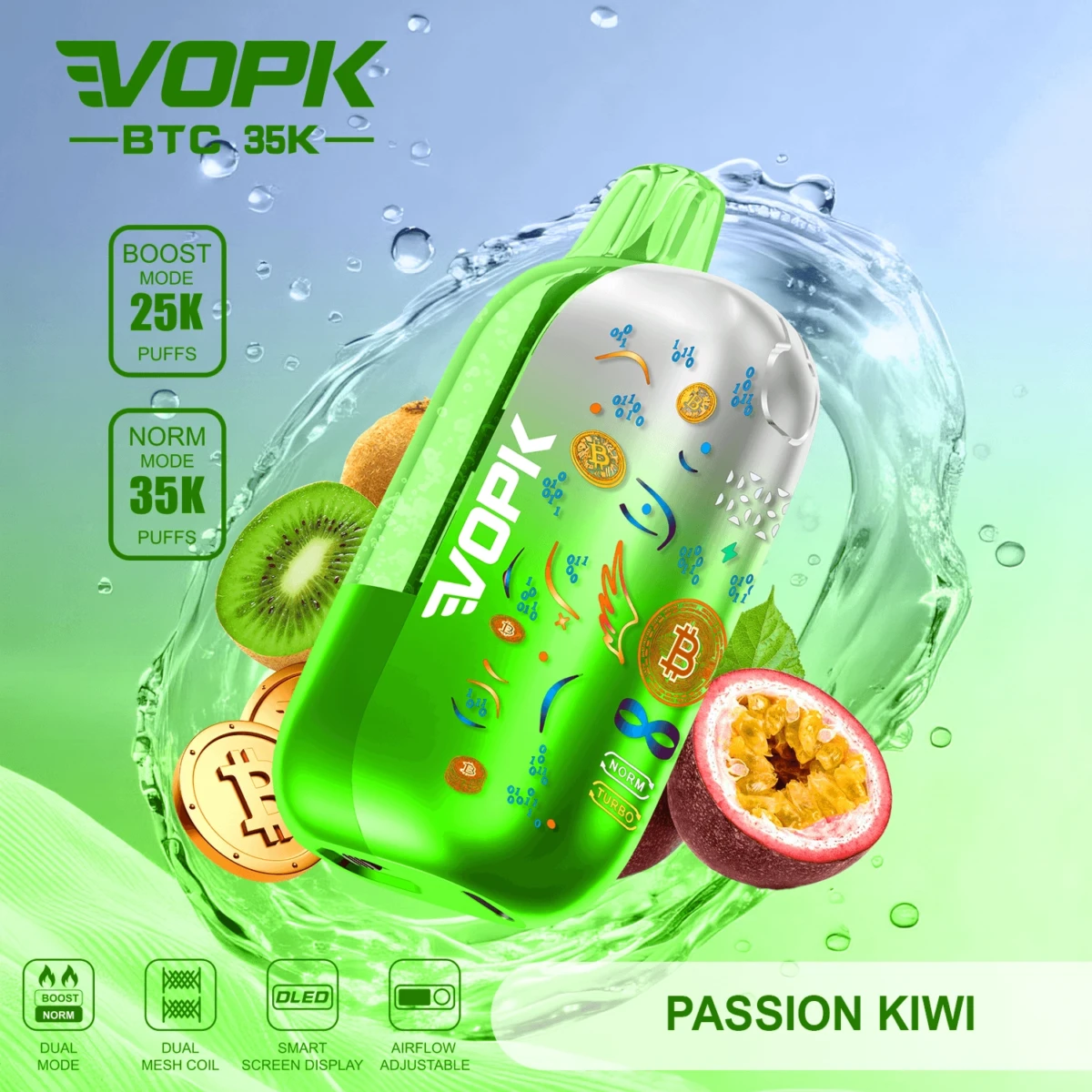 VOPK BTC 35K Disposable Vape Passion Kiwi Flavor, 35000 Puffs Dual Mode, Dual Mesh Coil, OLED Screen, Bulk Wholesale E-Cig