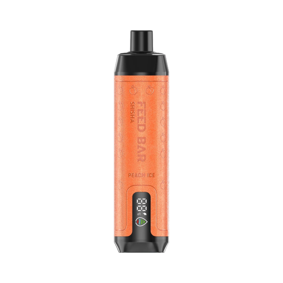 Peach-Orange FEED BAR Shisha disposable vape with Peach Ice flavor, showcasing vertical branding, digital puff display, and textured leather body with black top/base.