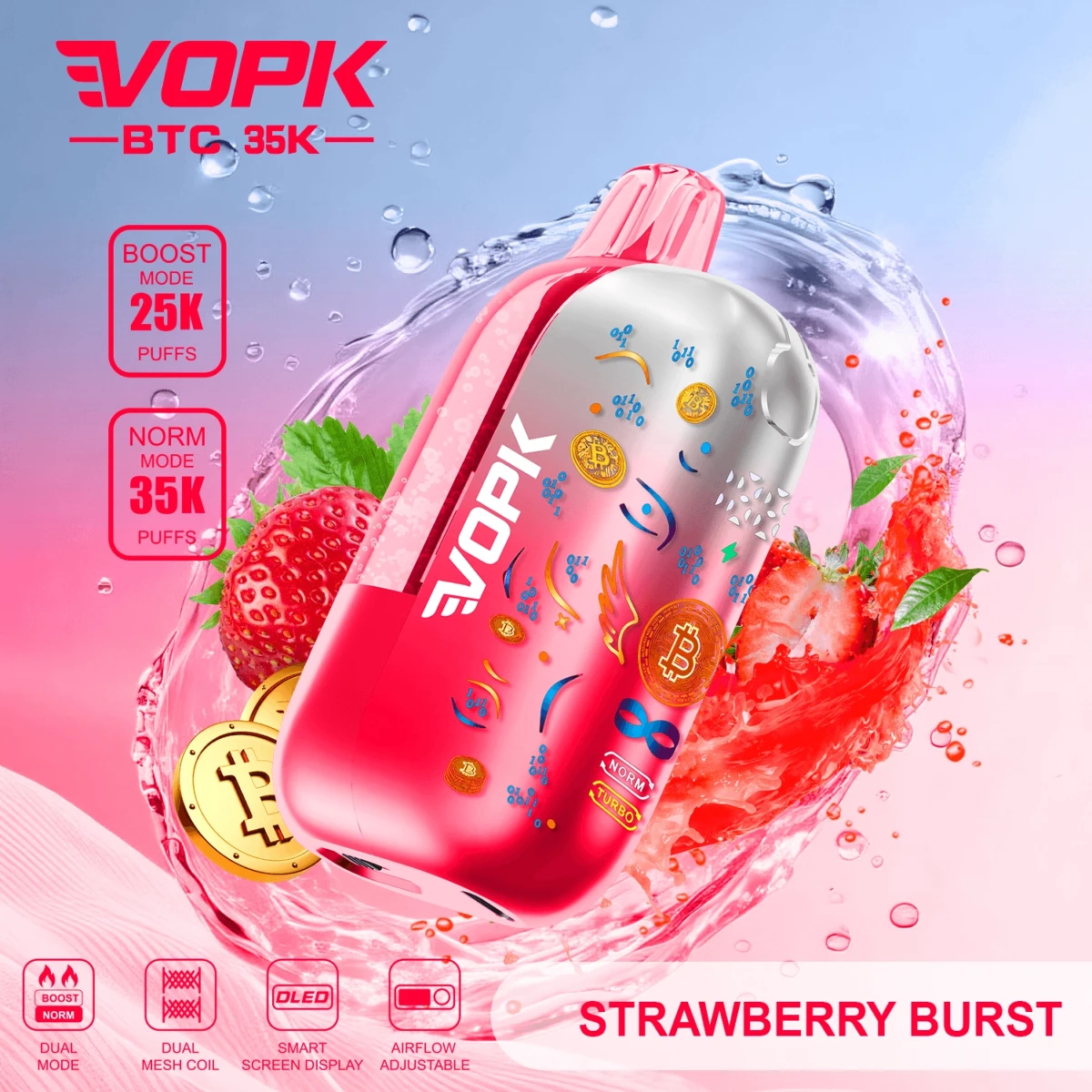 VOPK BTC 35K Disposable Vape Strawberry Burst Flavor, 35000 Puffs Dual Mode, Dual Mesh Coil, OLED Screen, Bulk E-Cigarette