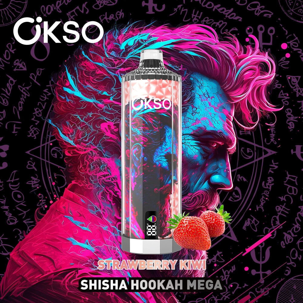Okso shisha hookah mega strawberry kiwi disposable vape, strawberry kiwi flavor, digital screen rechargeable hookah vape bulk