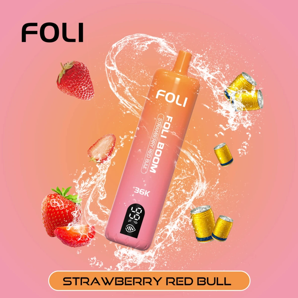 FOLI BOOM 36K Disposable Vape Strawberry Red Bull Flavor, 36000 Puffs Rechargeable E-Cigarette with Digital Display, Bulk Vape Wholesale