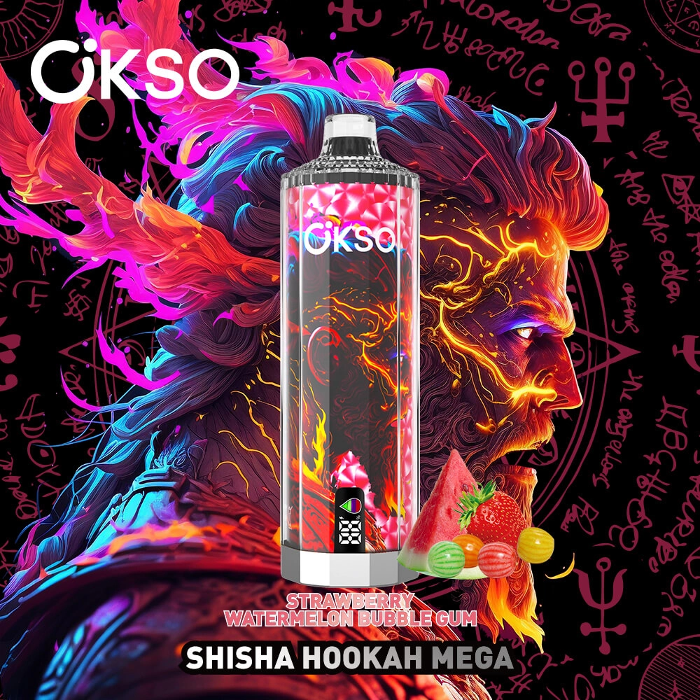 Okso shisha hookah mega strawberry watermelon bubble gum disposable vape, bubble gum flavor, digital screen rechargeable hookah vape bulk