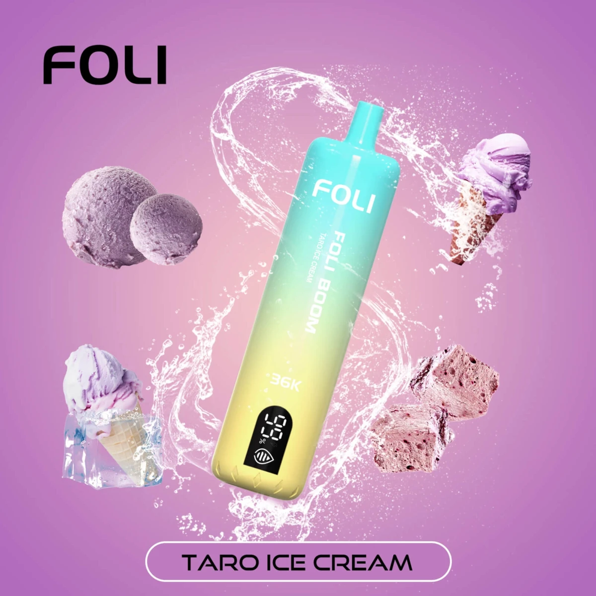 FOLI BOOM 36K Disposable Vape Taro Ice Cream Flavor, 36000 Puffs Rechargeable Vape with Digital Screen, Bulk Disposable E-Cigarette Wholesale