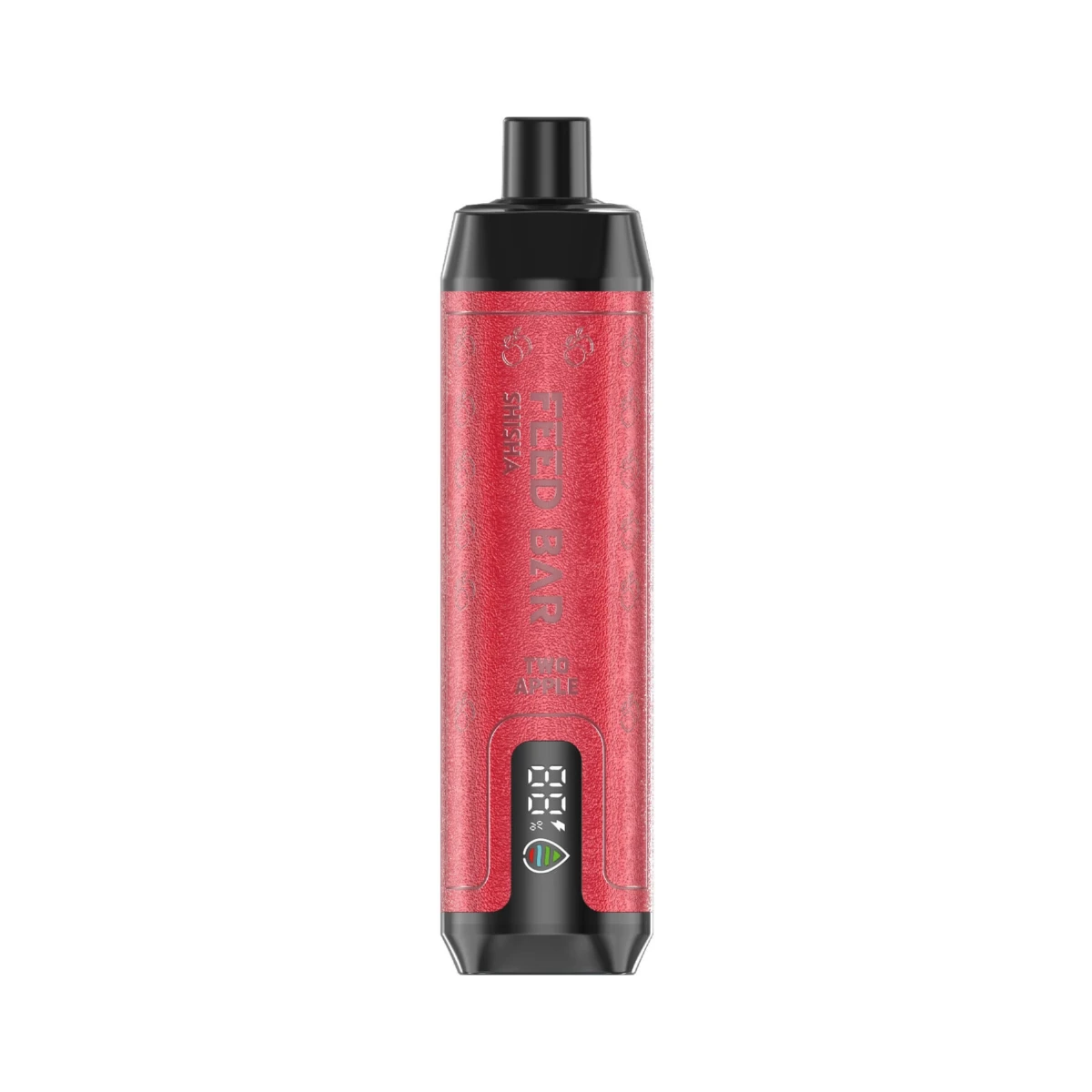 Red FEED BAR Shisha disposable vape with Red Apple flavor, showcasing vertical branding, digital puff display, and textured leather body with black base.