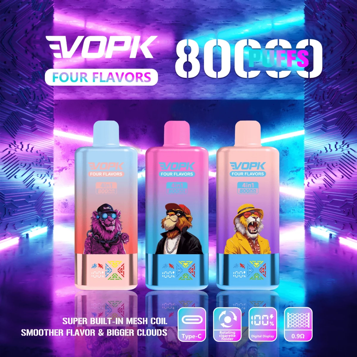 VOPK 80K 4in1 8000 Puffs Disposable Vape Collection - 4 Flavors in 1 Device with Super Mesh Coil, Type-C Rechargeable, Digital Display E-Cigarette