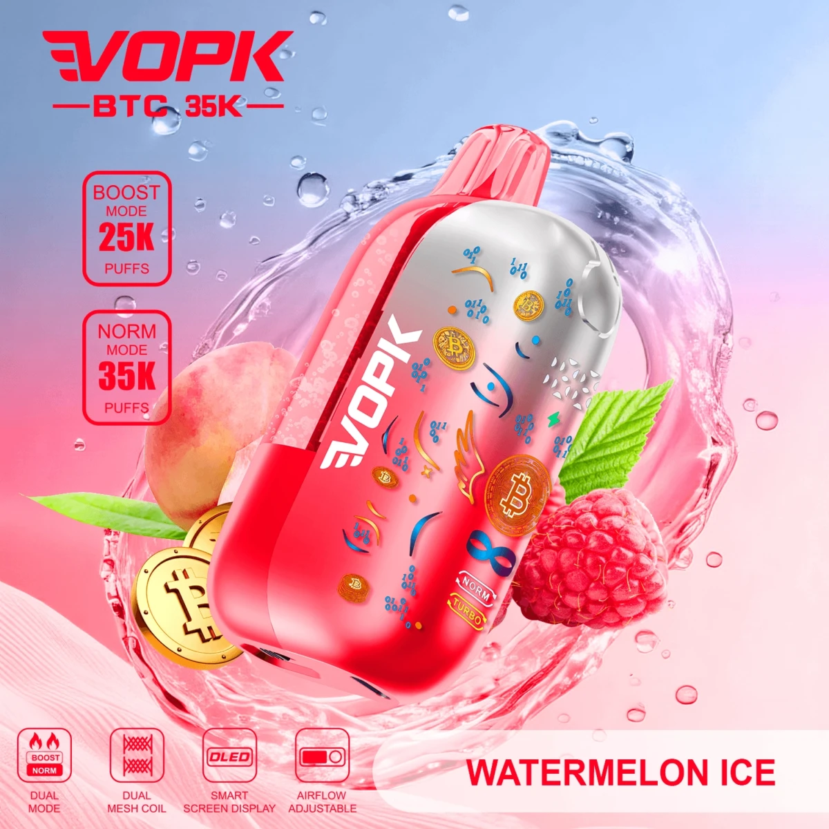 VOPK BTC 35K Disposable Vape Watermelon Ice Flavor, 35000 Puffs Dual Mode, Dual Mesh Coil, OLED Screen, Bulk Vape Supply