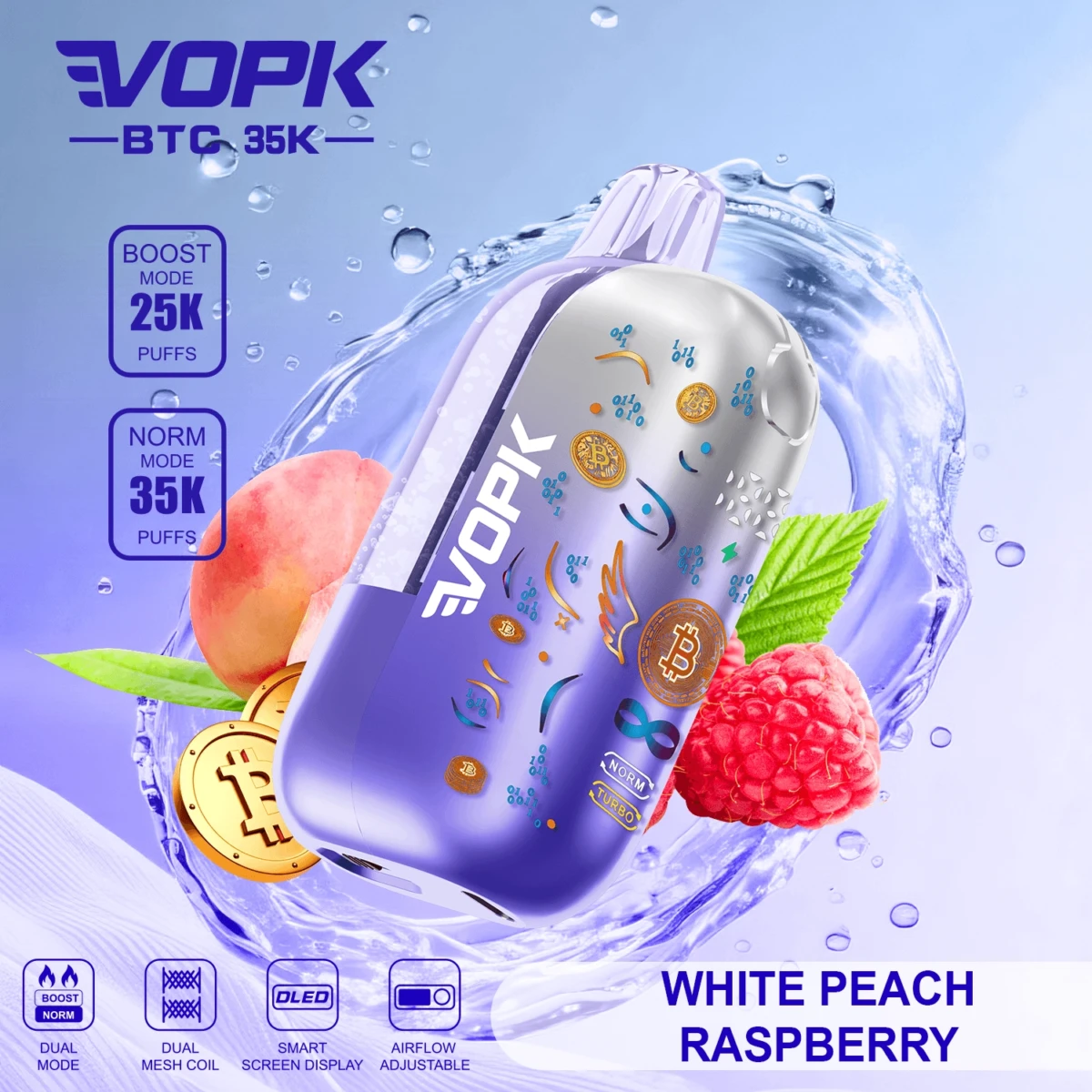 VOPK BTC 35K Disposable Vape White Peach Raspberry Flavor, 35000 Puffs Dual Mode, Dual Mesh Coil, OLED Screen, Bulk Wholesale